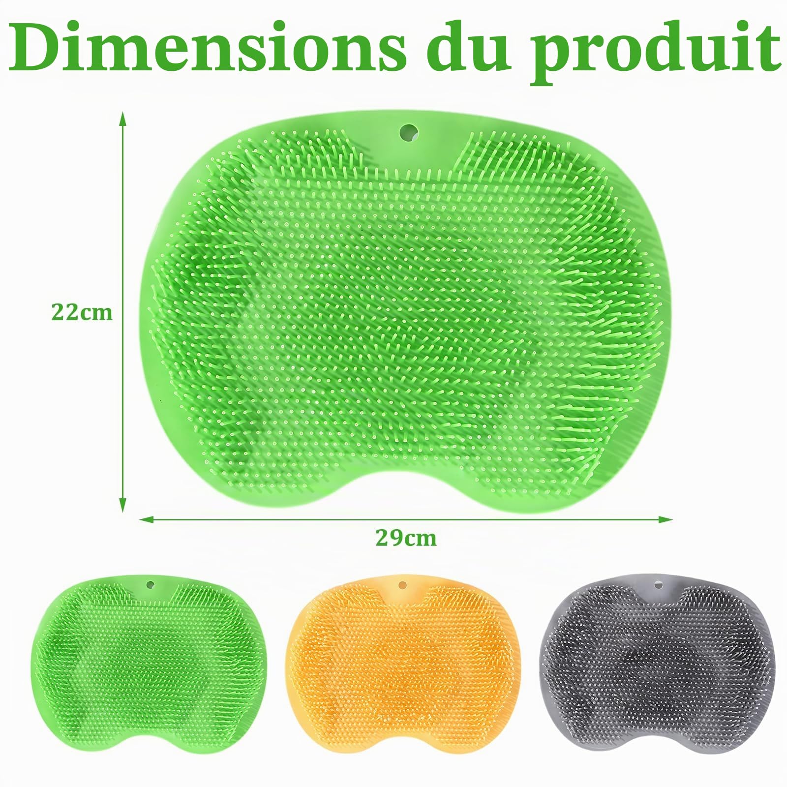 Lot de 3 tapis de brosse pour pieds de douche, 29 x 22 cm, en silicone antidérapant, massant les pieds, convient pour la salle de bain, les voyages d'affaires (jaune + gris + vert)