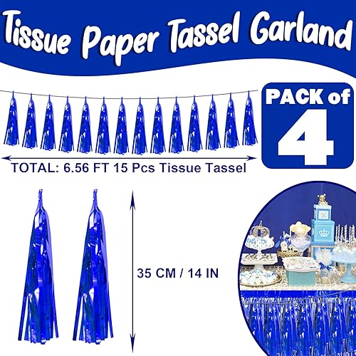 Miniatura 2 de Banderines de Flecos Metálicos de Papel de Aluminio Azul 4P Guirnalda de Borlas para Carrozas de Desfile, Despedida de Soltera, Boda, Cumpleaños,