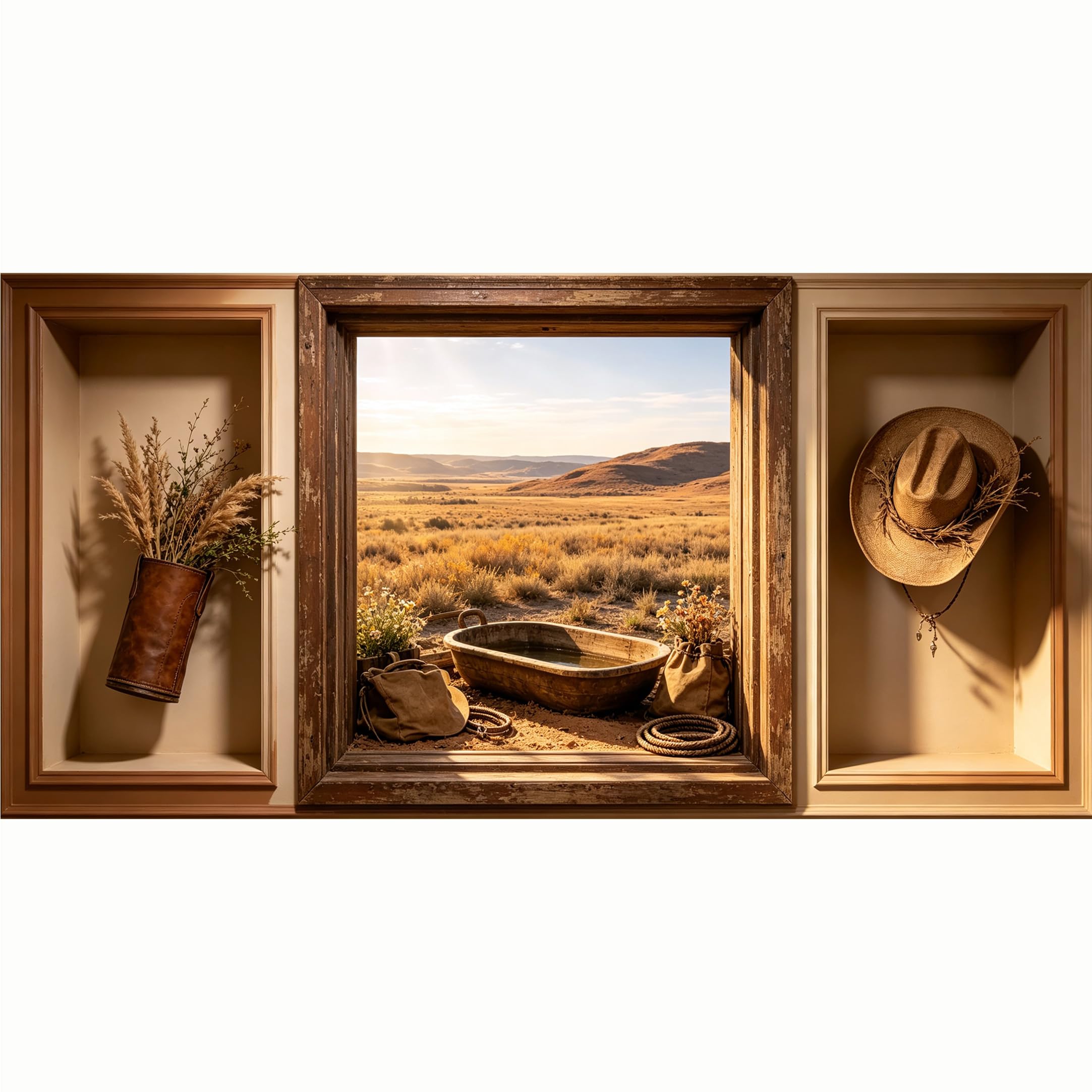 QZLITHOTIC 50x100cm 3D Framed Wall Art， Western Desert Landscape Vintage Cowboy Tub Self‑Adhesive Mural， Water‑Activated Peel & Stick Fabric Decor Wall Decal for Bedroom Living Room