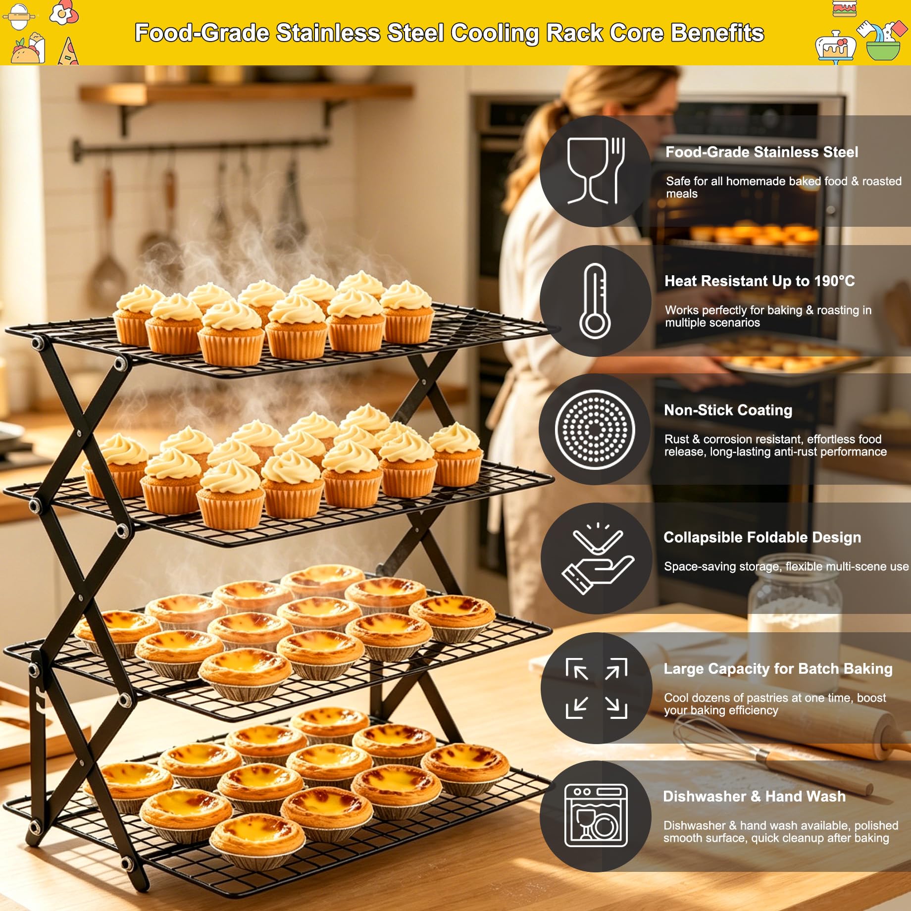 Grille de Refroidissement Patisserie en acier inox 4 Niveaux Antiadhésive Pliables et Empilables 40 x 25 cm, Pince Cuisine Silicone et Papier Cuisson Prédécoupé, pour biscuits, gâteaux, muffins, pain