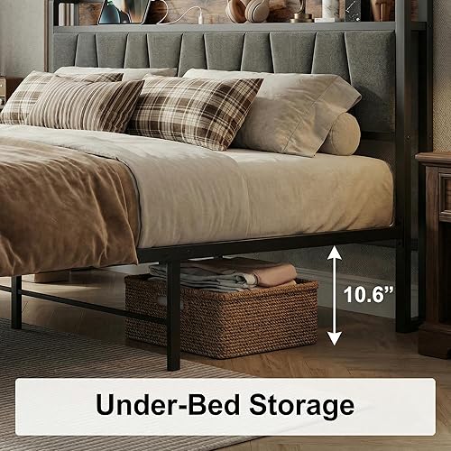 Miniatura 4 de LIKIMIO Base de cama tamaño King, cabecera de almacenamiento con estación de carga, cama de plataforma con cajones, no necesita somier, fácil Marrón