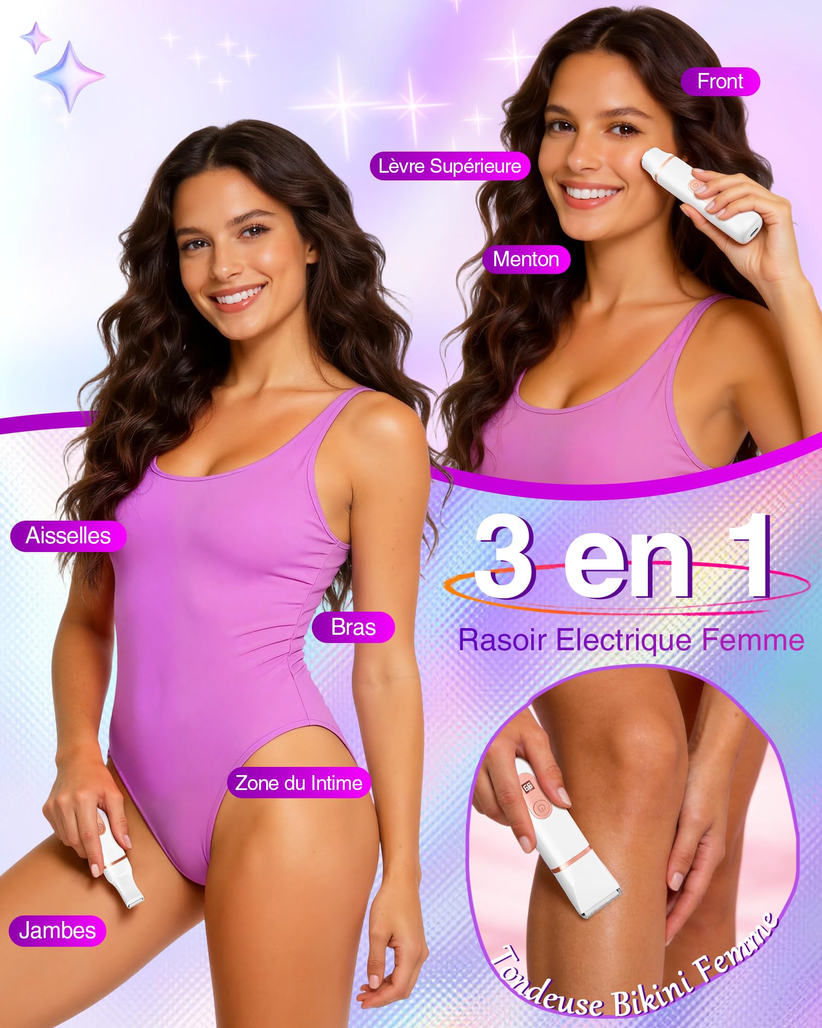 Rasoir Electrique Femme, Tondeuse Intime Intime: 3 en 1 Tondeuse Humide/Sèche, Portable et Sans Fil, pour Maillot/Visage/Aisselles/Jambes/Bras, Indolore et Sans Irritation, Cadeau Parfait pour Femme