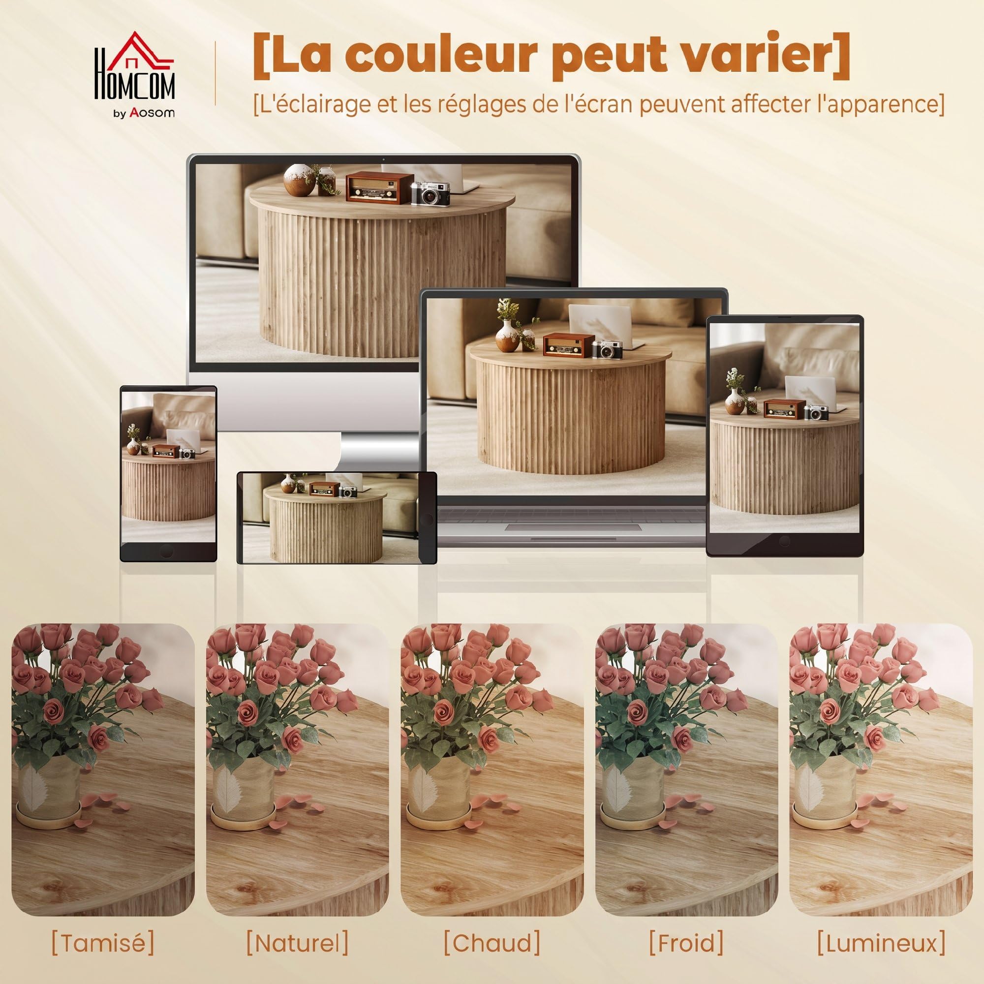 HOMCOM Mesa Centro elevable 32" Acanalada Comp. Ocultos Madera Natural | Mesa de centro redonda moderna, tapa abatible con cierre suave, para sala de estar
