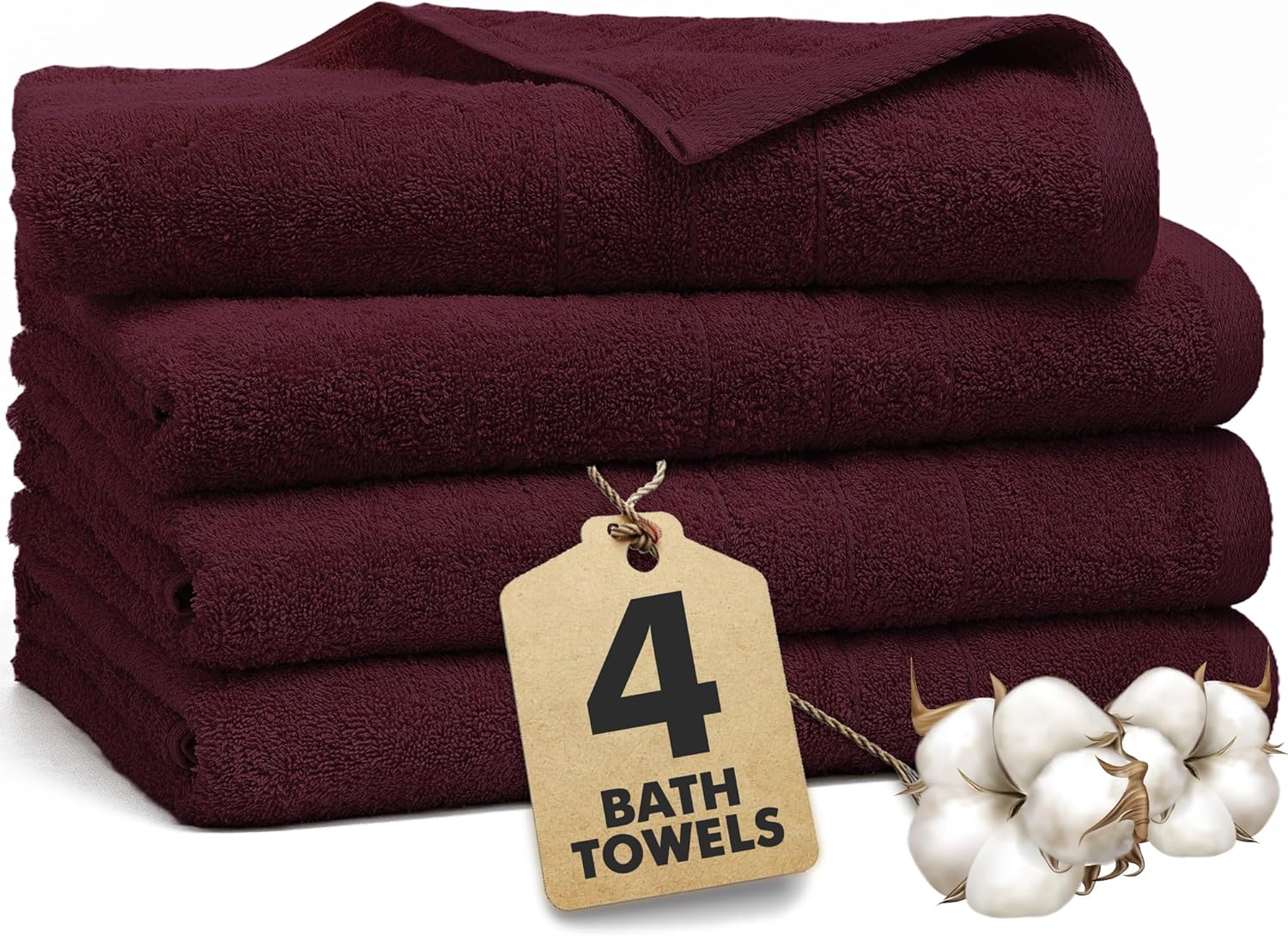 Bath Towels Set of 4 – 100% Cotton Burgundy Extra Large Towels for Bathroom, Spa Use (55x28 in) – Super Soft and Quick Dry Large Bath Sheets for Adults