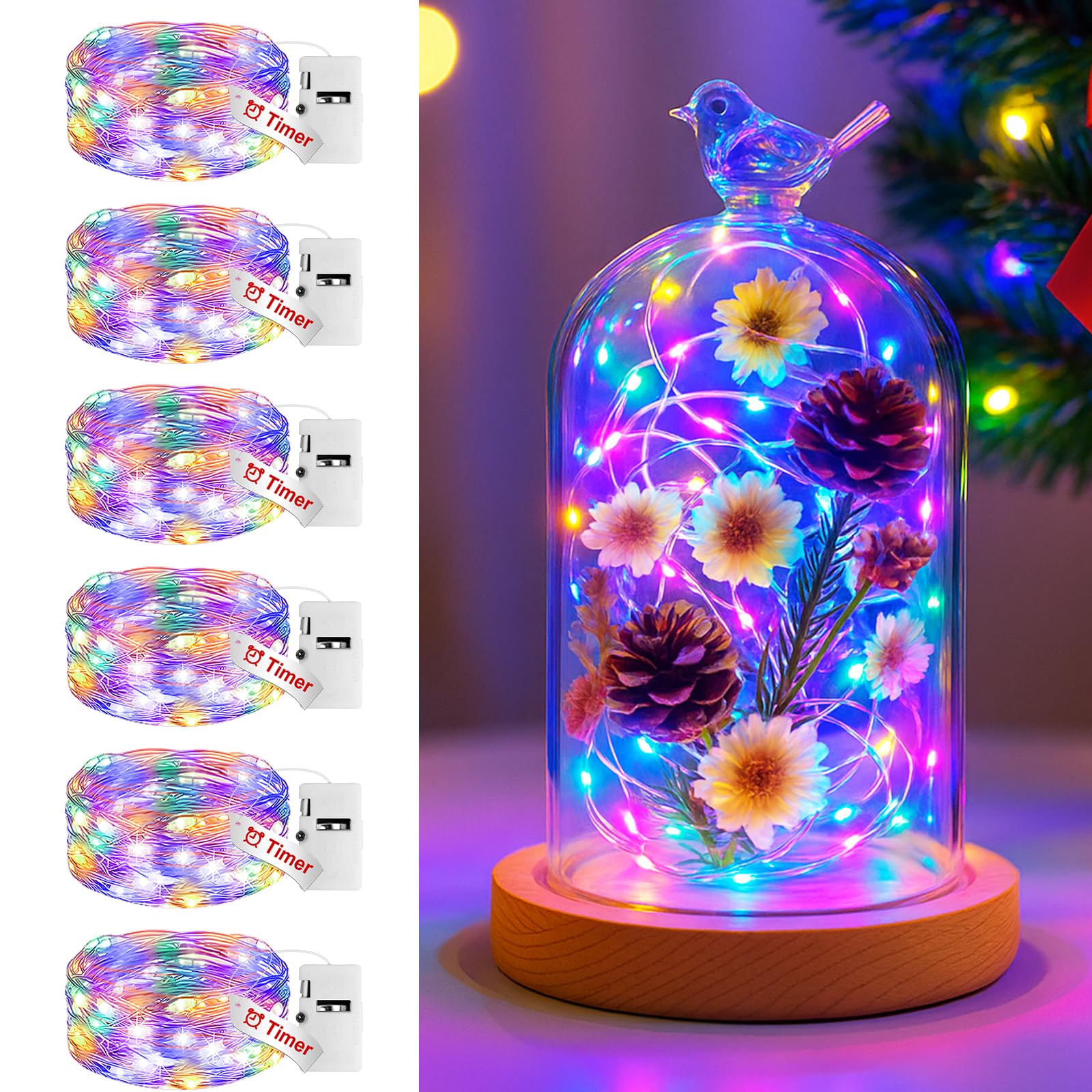 btfarm 3 Modes Fairy Lights Battery Operated with Timer, 6 Pack 2M 20 LED String light Battery Powered, Waterproof Silver Wire Small Lights Indoor Outdoor Decor for Christmas Jars Party, Multicoloured