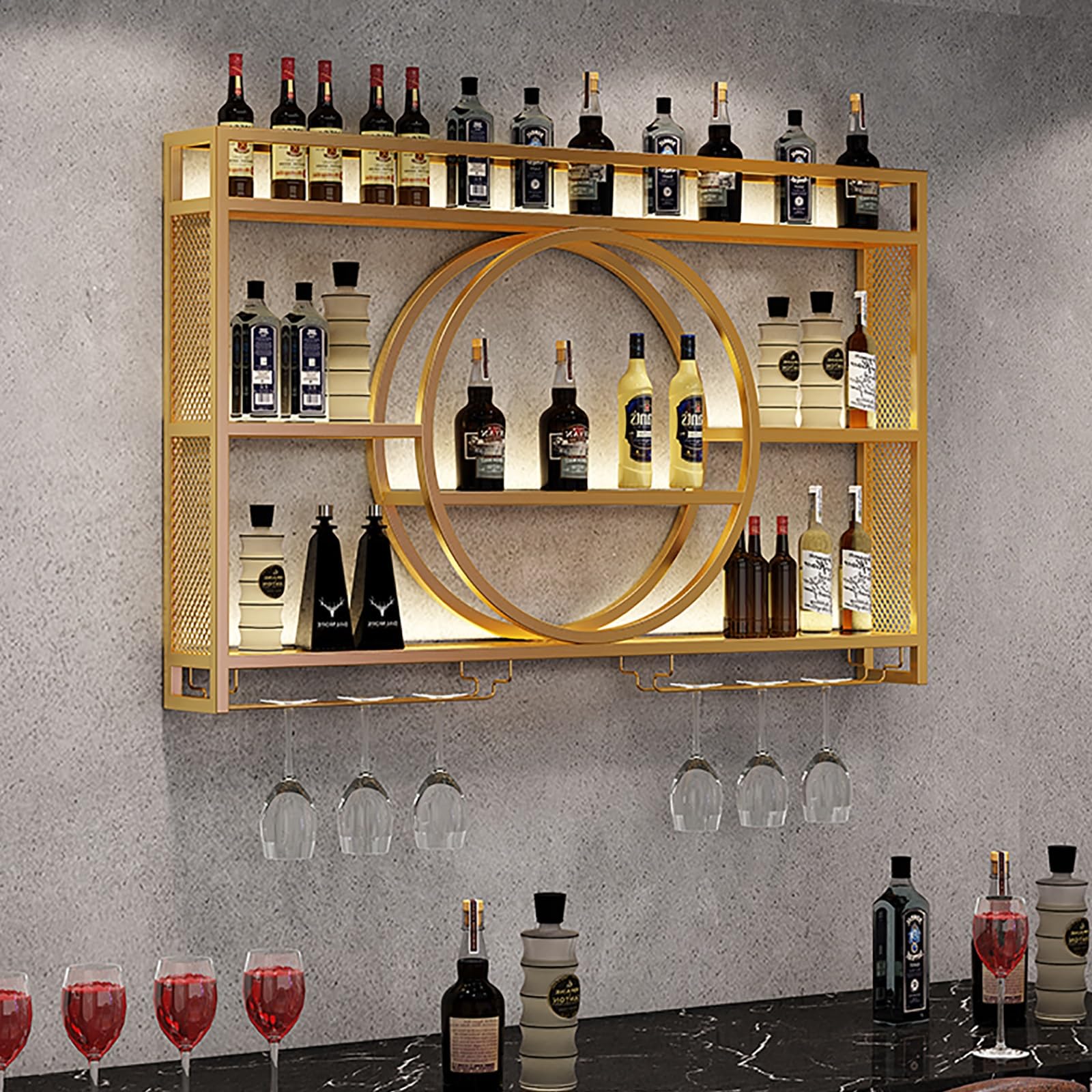 Étagère à vin murale avec LED et porte-verre pour bar moderne