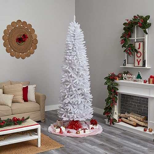 Miniatura 10 de Árbol de Navidad artificial blanco delgado de 8 pies con 400 luces LED blancas cálidas y 1348 ramas flexibles
