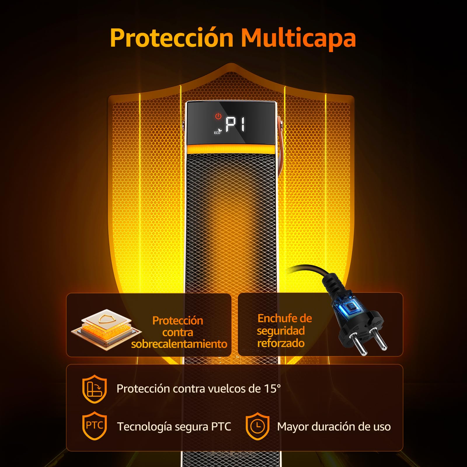 Aigostar Calefactor Cerámico con Luz Nocturna, Mando a Distancia y Pantalla Táctil LED, 2000W, Función ECO, 4 Modos, Silencioso, Temporizador 24H, Temperatura Ajustable 5-35°C, Oscilación y Asa