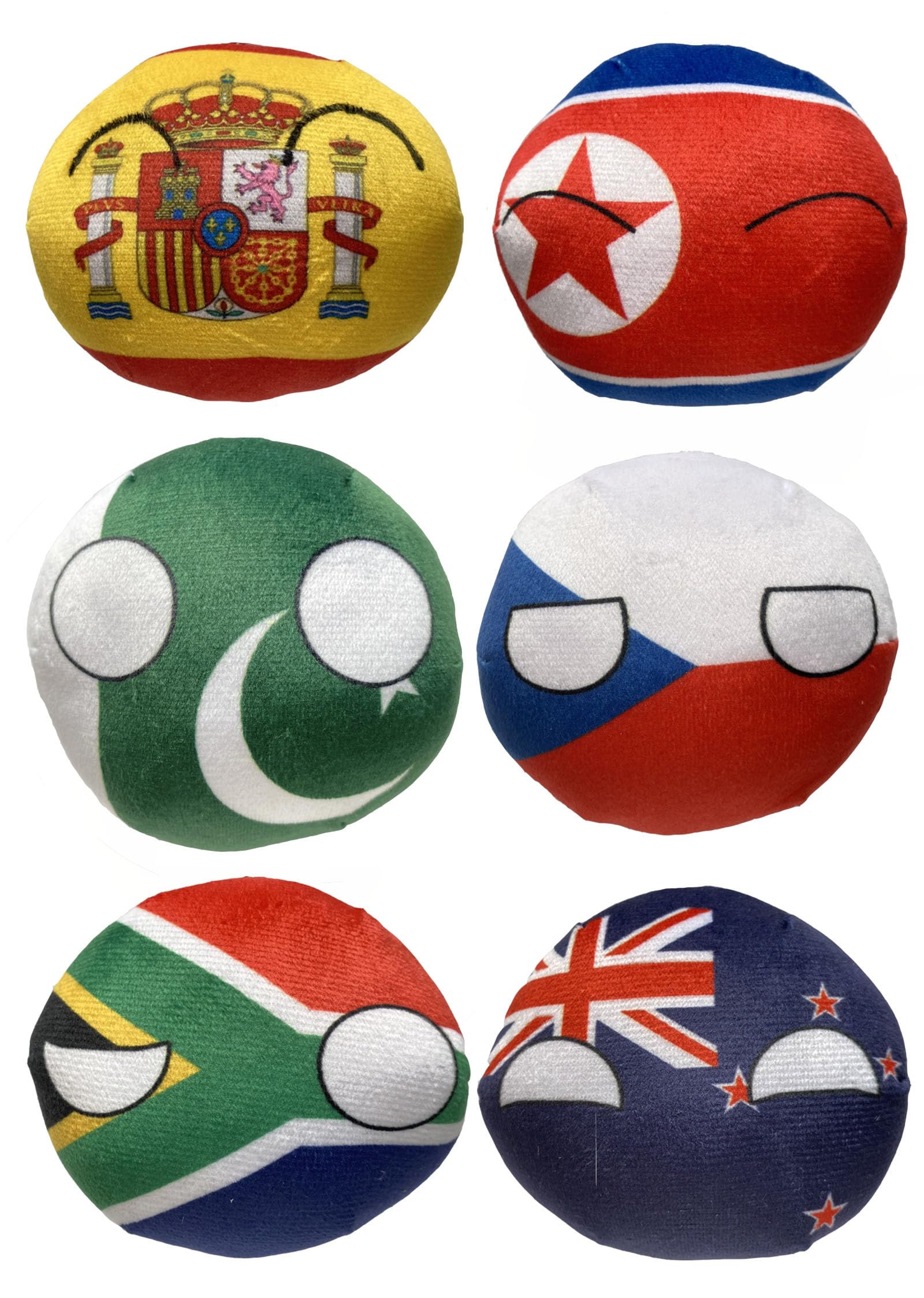 Raclove 6PC Countryballs Plushies - Soft & Educational National Character Toys. Your Collection of Countryball and Polandball Plushies. (7ZA-NZ-CZ-NK-ES-PK) โ image 1