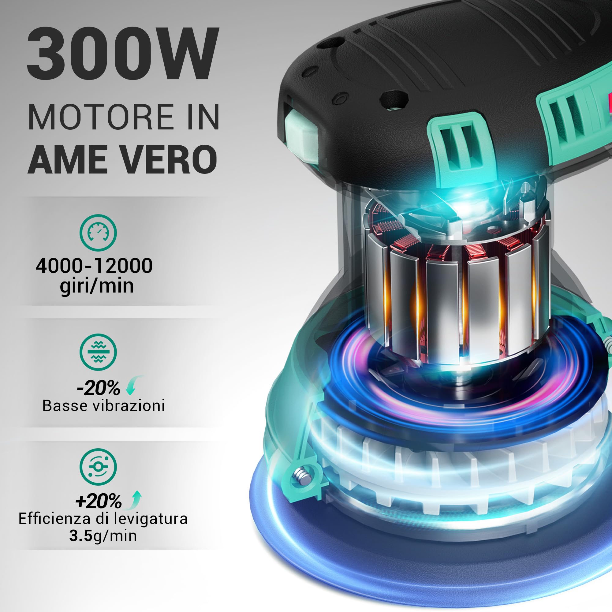 DCA Levigatrice Orbitale 300W, 6 Velocità Variabili 12000RPM Levigatrice Rotorbitale, Collecteur de Poussière, 10psc 125MM Dischi Abrasivi per la Lavorazione del Legno, Levigatura, Lucidatura, DIY