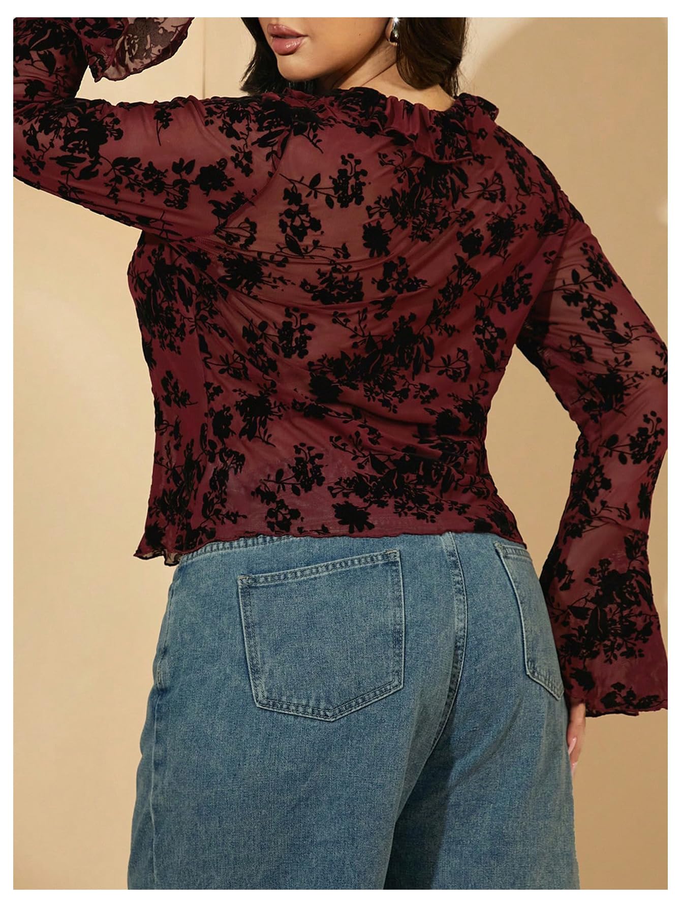 WDIRARA Women's Plus Size Floral Lace Sheer T Shirt Tie Front Long Bell Sleeve Tee Going Out Tops: Large Plus Burgundy