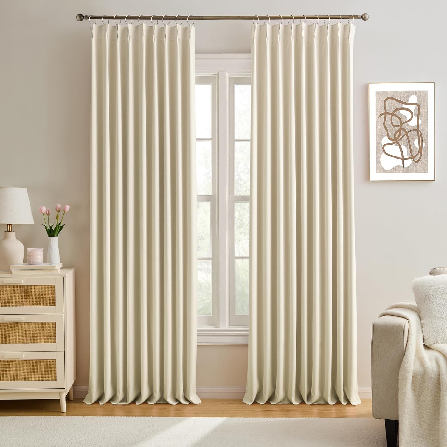 KEQIAOSUOCAI Pleated Blackout Curtains 95 inch Length - Solid Memory Pleated Drapes Light Reducing Ceiling Floor Panels for Living Room Bedroom Window (Cream Beige, 2 Panels,60 by 95)