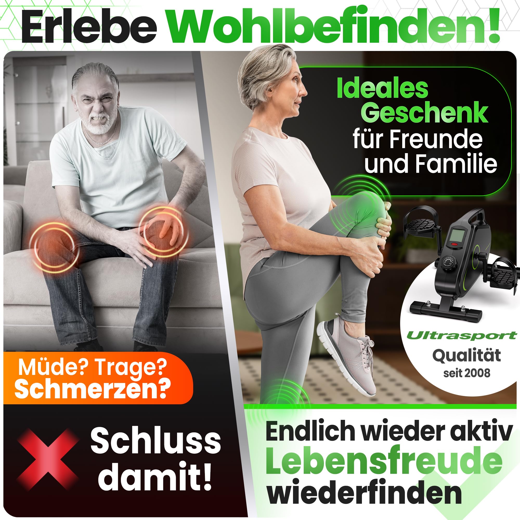 Ultrasport Pedaltrainer für Zuhause 16 Stufen inkl. Antirutsch-Matte und Gurt I CE Zertifiziert, Extraleiser Arm- und Beintrainer im Sitzen I Deskbike, Schreibtisch Fahrrad, Grün
