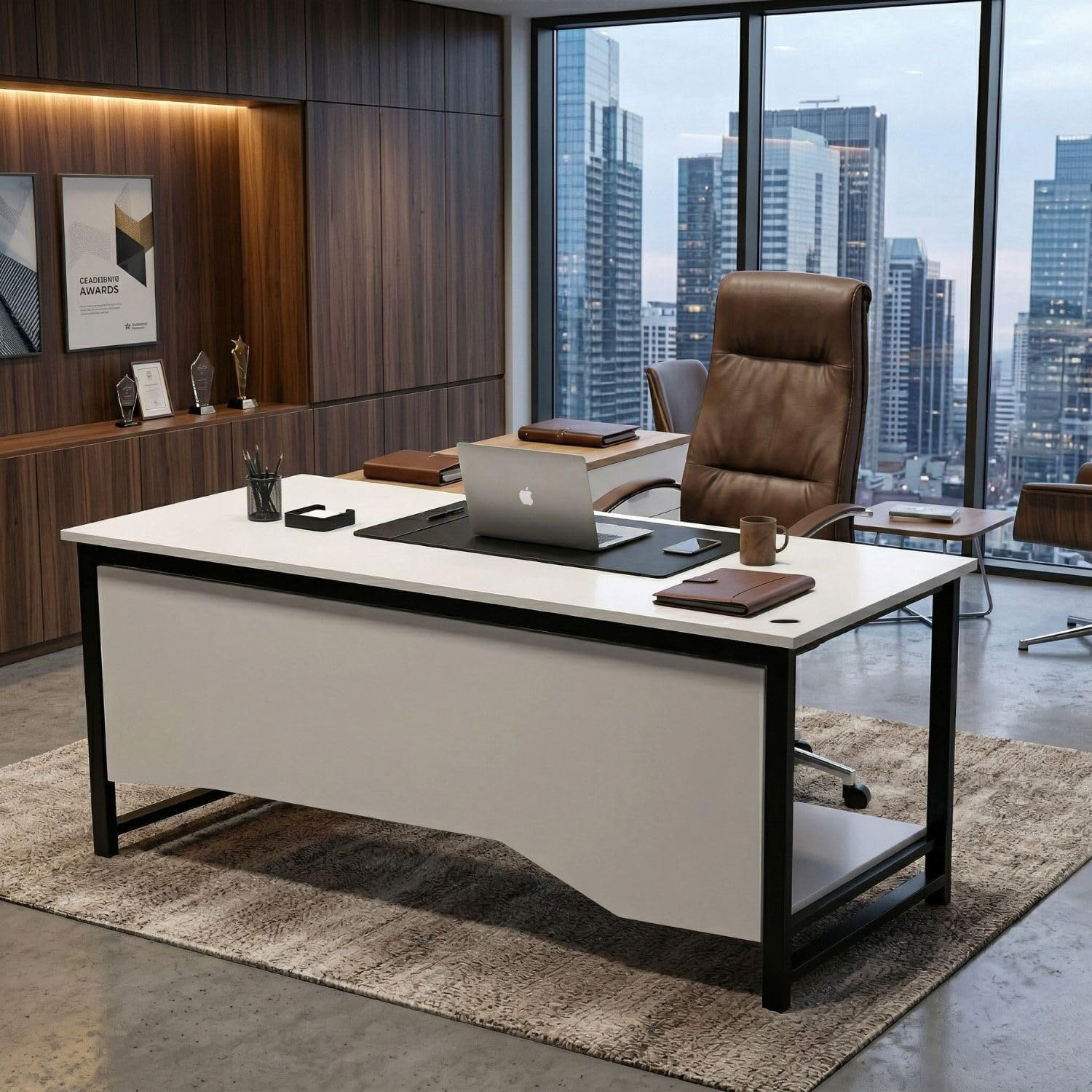 Executive Director Desk | Office Table | Manager Cabin Work Desk with Modesty Panel & Cable Grommet | Sturdy Metal Frame | White Top & Black Base | DIY Installation.