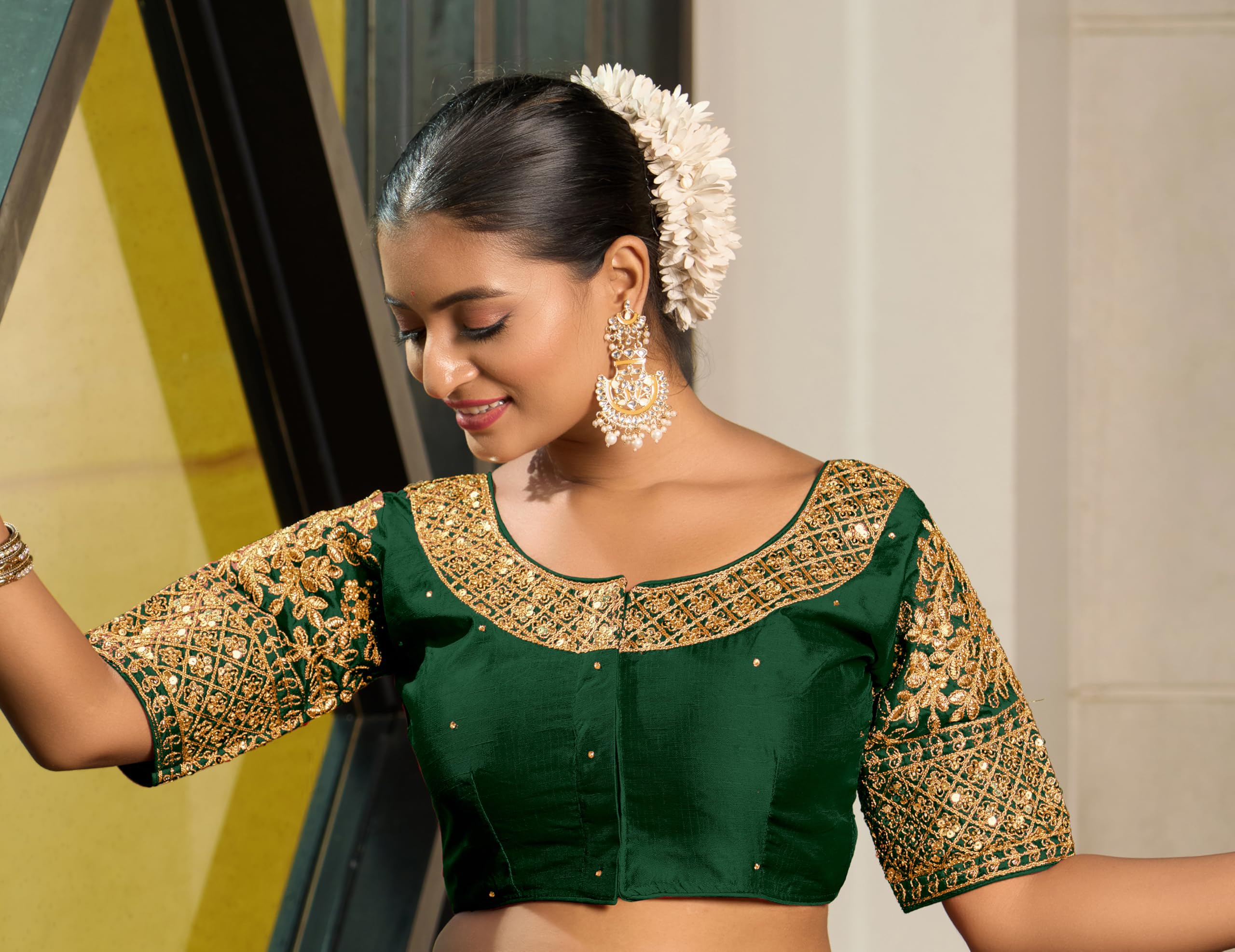 Vihu Fashion Women's Heavy Embroidery Coding With Sequins Work Half Sleeves Fancy Readymade Saree Blouse(Chamak Green_38)