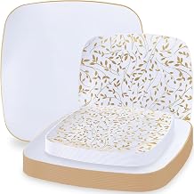 Blue Sky Leaf Square Organic Premium Disposable Plastic Plates - 32 Count, 7.25" and 10" Gold/White Combo Pack | Elegant and Eco-Friendly for Parties, Events, and Gatherings