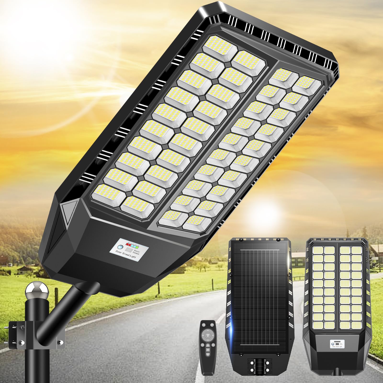 Adewalk 8000W Lampione Solare Led Esterno con Telecomando, IP66 Impermeabile Lampada Stradale Solare con Sensore di Movimento, 6500K Super Bright Lampioni da Giardino Esterno Solari per Garage Strada