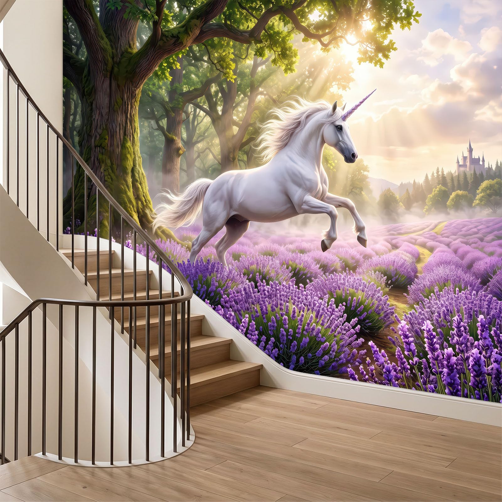 Carta da parati fotografica 500 x 280 cm, motivo animali romantici, unicorno, lavanda, 3D, in tessuto non tessuto, decorazione da parete, per soggiorno, camera da letto, poster artistico, carta da