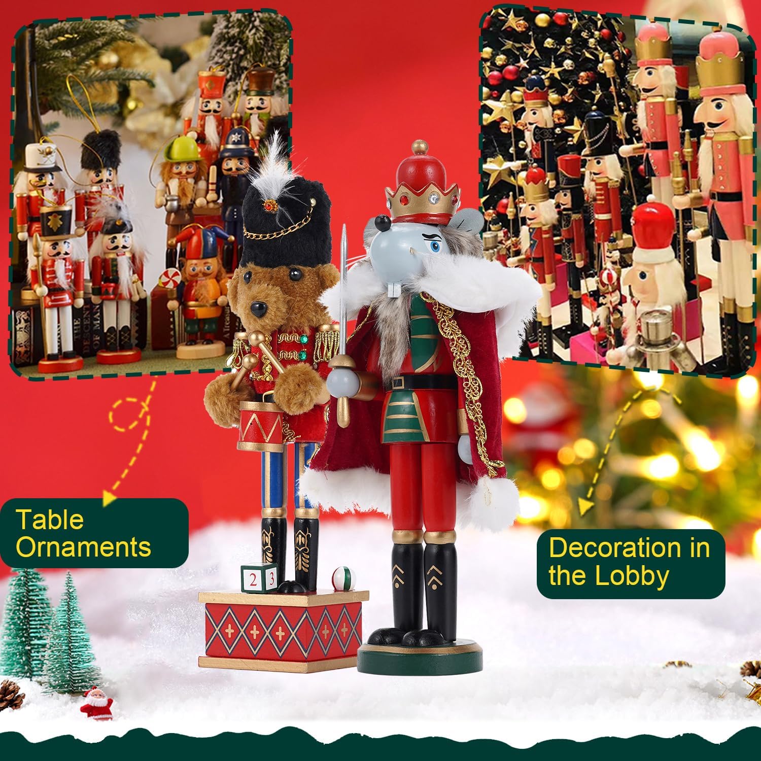 2Pcs Wooden Christmas Decorations Nutcracker,Traditional Nutcracker Figures,Festive Collectible Christmas Nutcracker Figures Party Tabletop Thanksgiving Decor (28CM Bear Drummer & 30CM Mouse King)