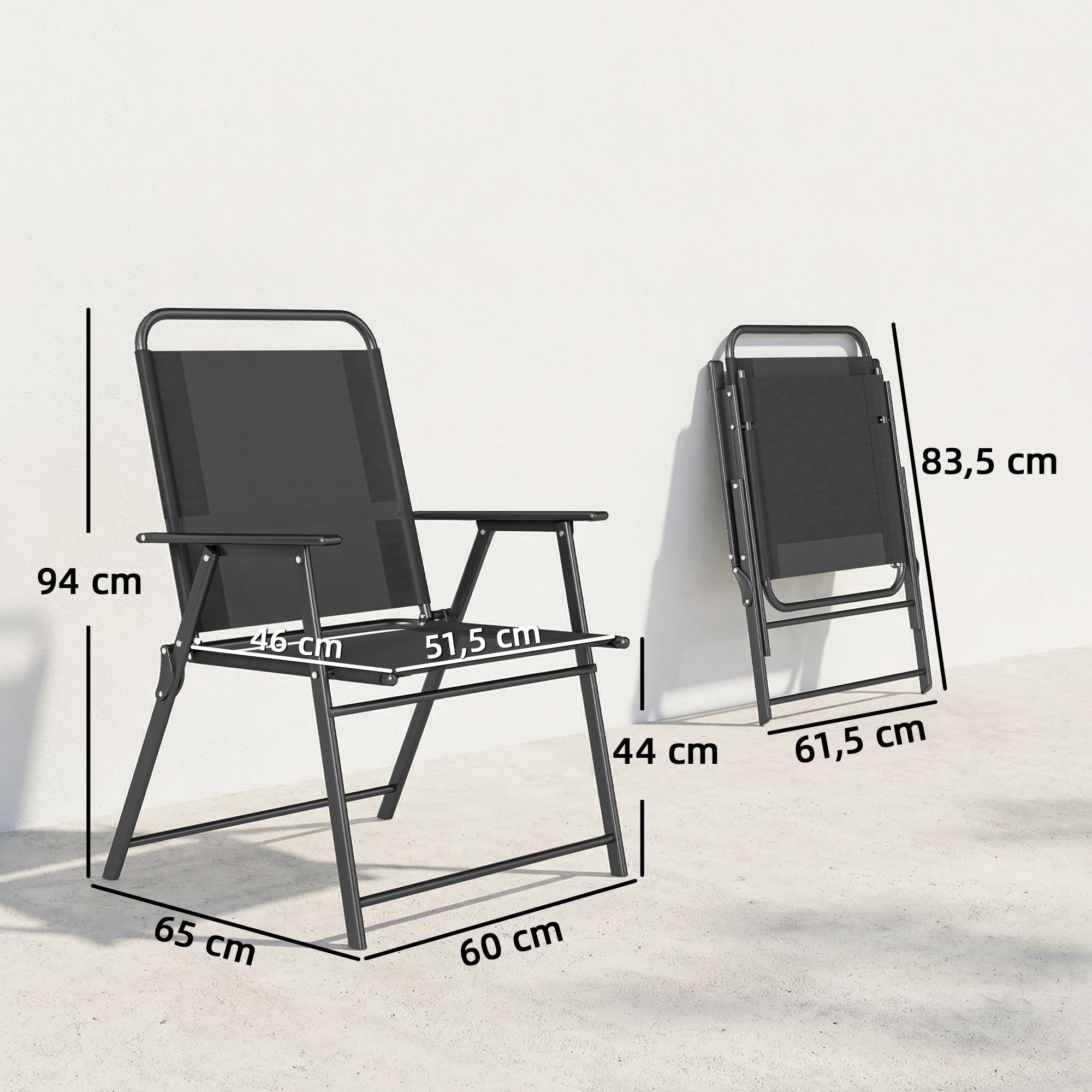 Outsunny Lot de 4 chaises de Jardin Pliantes avec accoudoirs, chaises d'extérieur avec Assise Large en textilène Respirant, Dossier Haut, Cadre en Acier Robuste, pour Patio, Balcon, terrasse, Noir