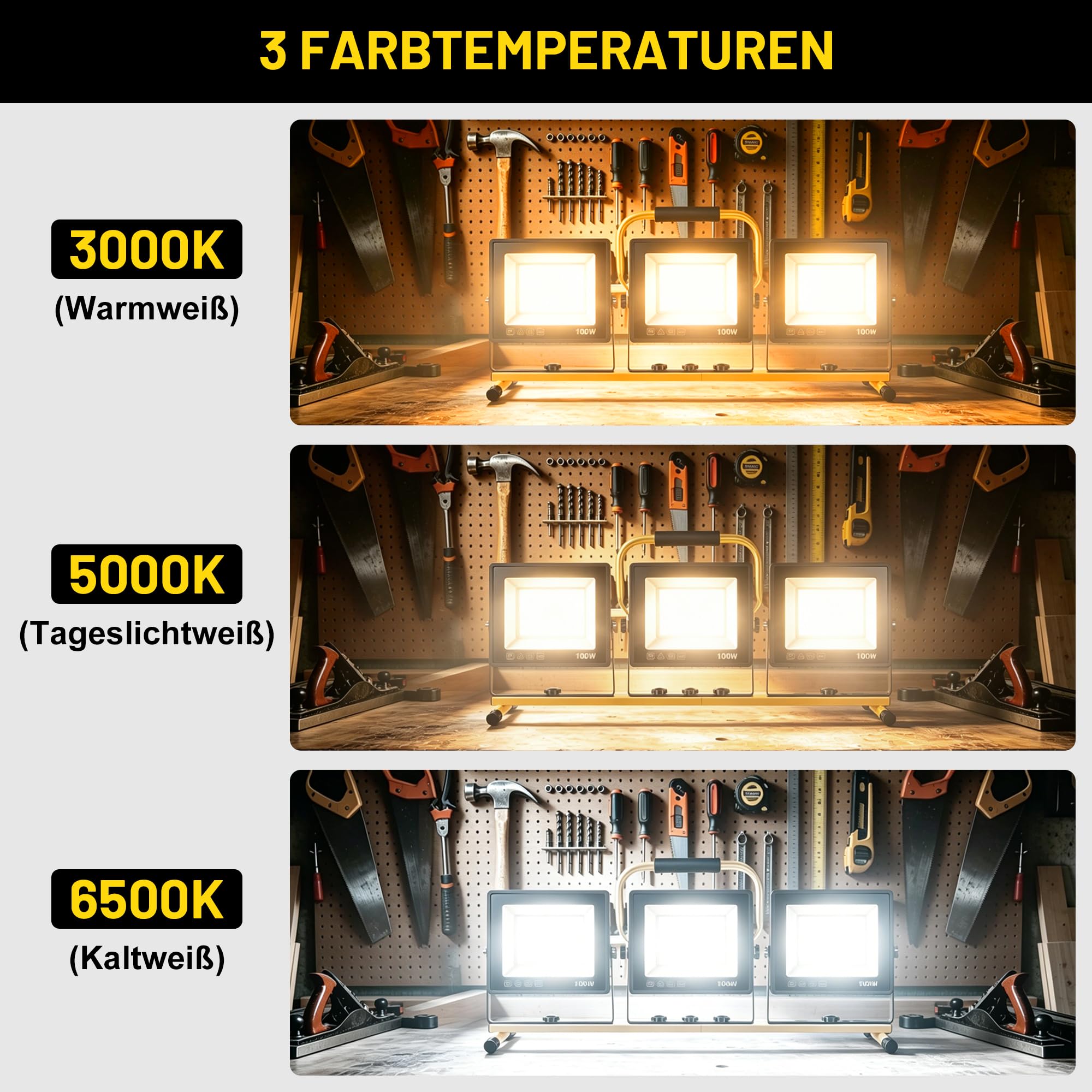 YEARTOP Baustrahler LED mit Rollstativ, IP66 Baustrahler mit 5 m Netzkabel | Höhenverstellbar 98-155 cm, 300W Baustellenlampe Dreifarbig (3000K/5000K/6500K) für Baustelle/Renovierung/Detailing/Werkstatt