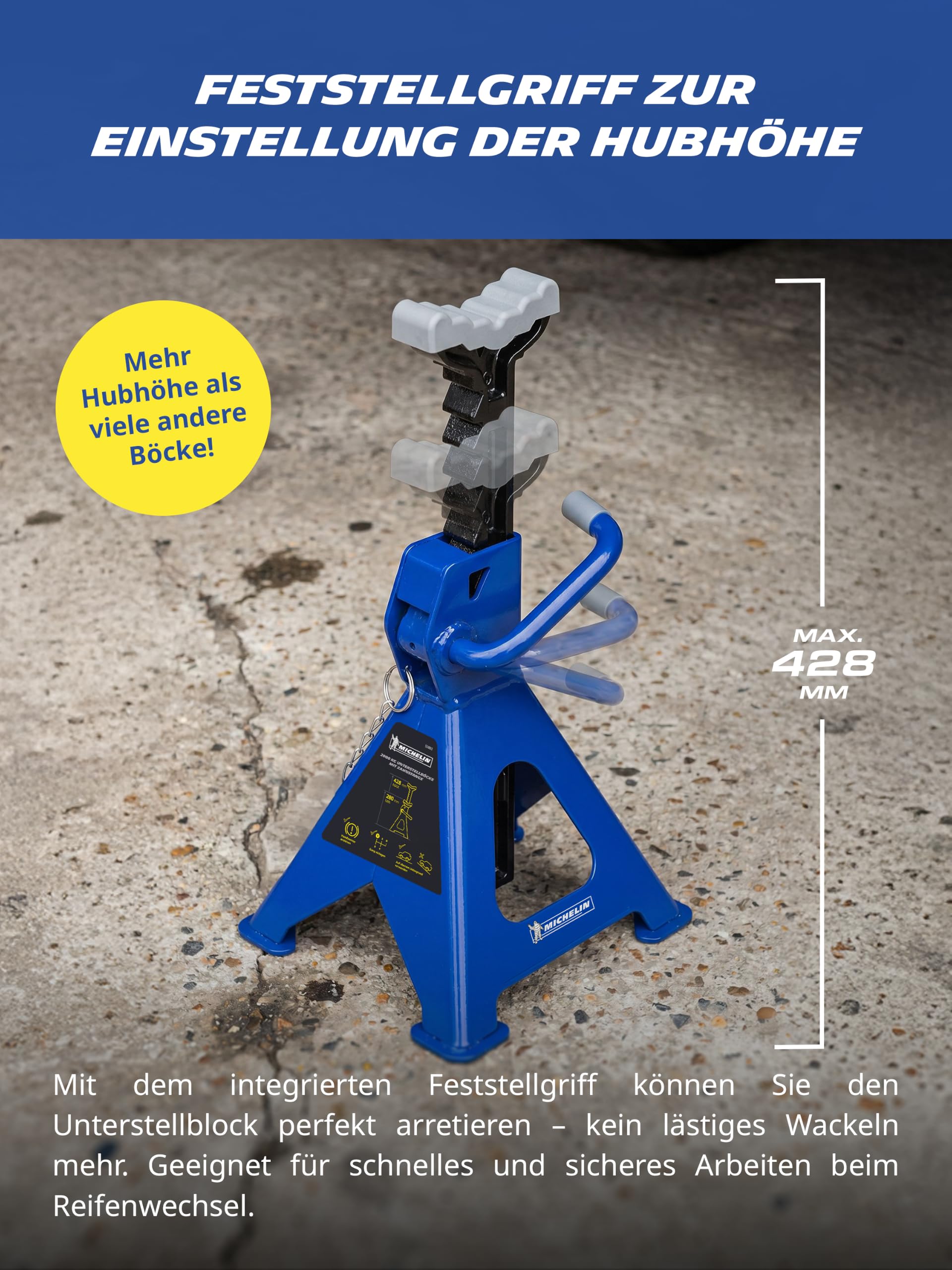 MICHELIN Unterstellbock 2er Set 2t Traglast höhenverstellbar Auto SUV Wagenheberbock Stützbock mit Zahnstange Sicherung stabile Stahlkonstruktion Werkstattqualität | Auto SUV Wagenheberbock Stützbock mit Zahnstange Sicherung stabile Stahlkonstruktion Werk
