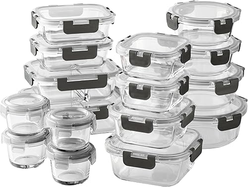 COOK WITH COLOR Juego de recipientes de vidrio de borosilicato prémium de 32 piezas con divisores, 4 rectangulares, 8 redondos, 4 cuadrados, tapas a