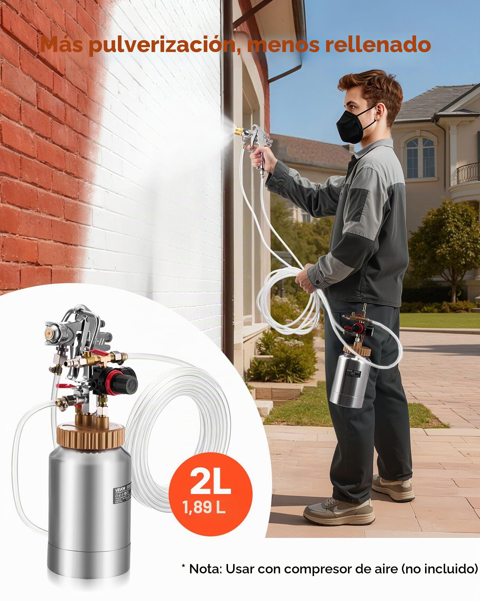 VEVOR Tanque de Presión para Pintura en Aerosol, 2 L, con 2 Pistolas de Pulverización φ1,8 mm + φ3 mm y 2 Mangueras 3 m para Proyectos de Bricolaje y Creación de Arte, 385 x 126 x 126 mm, Plata
