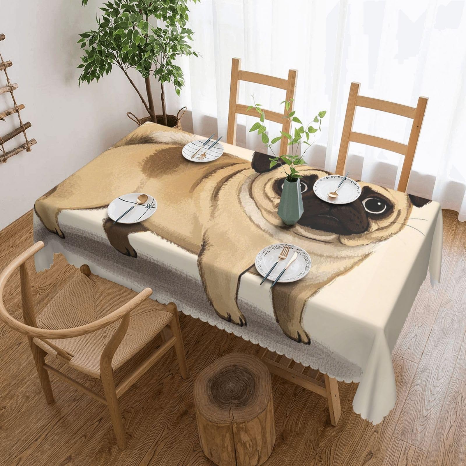 FodPand Cartoon Pug Tablecloths for Rectangle Tables 54 x 72 Inch - Reusable Washable Dining Table Clothes - Stain and Wrinkle Resistant Decorative Fabric Table Cover for Wedding Party