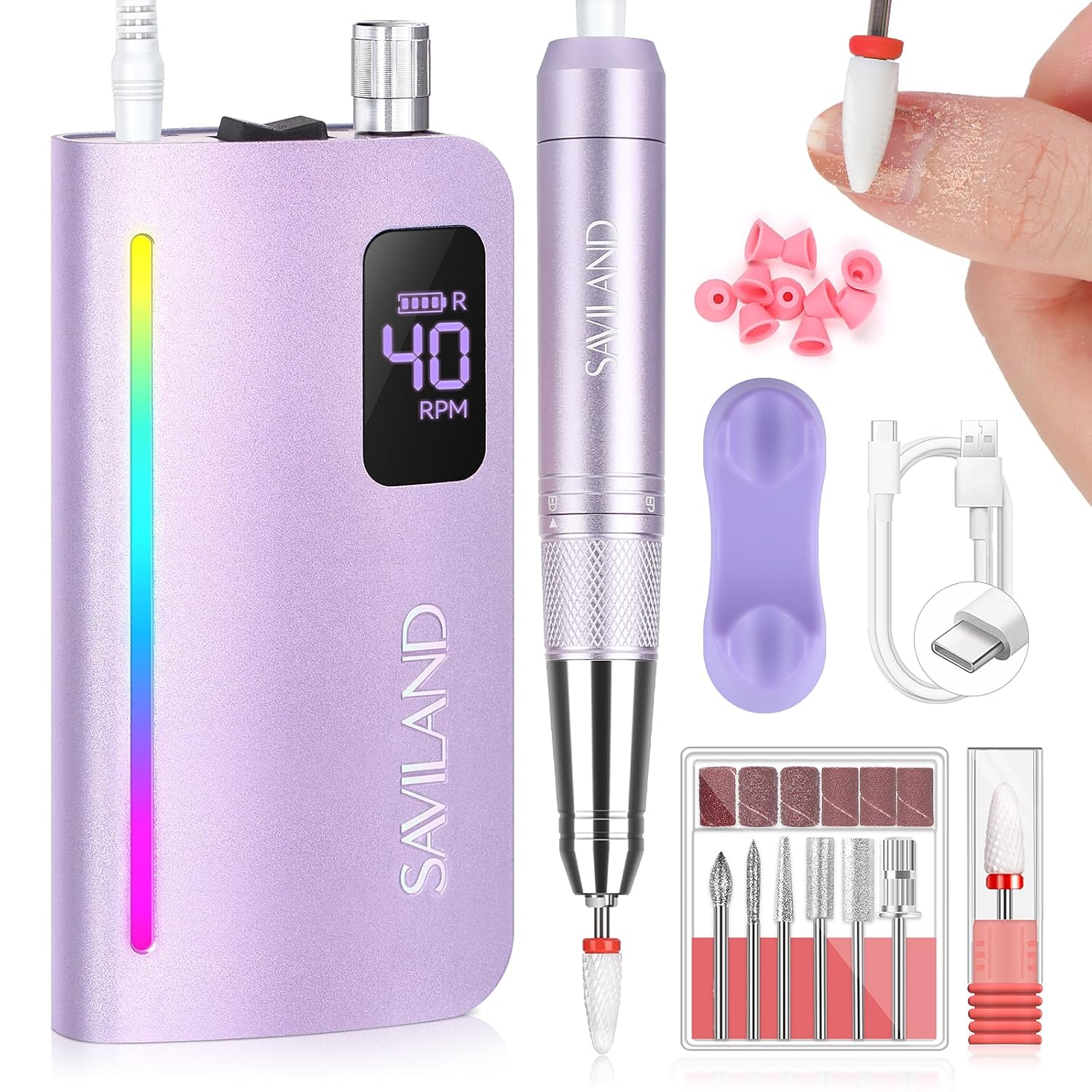 SAVILAND Advance Nail Drill Professional: 40000 RPM Powerful Torque Electric Nail File Low Vibration with Rainbow Light 15H Long Battery Life Coreless Motor Quiet for Quick Acrylic Removal PRO Salon SAVILAND Advance Nail Drill Professional: 40000 RPM Powerful Torque Electric Nail File Low Vibration with Rainbow Light 15H Long Battery Life Coreless Motor Quiet for Quick Acrylic Removal PRO Salon