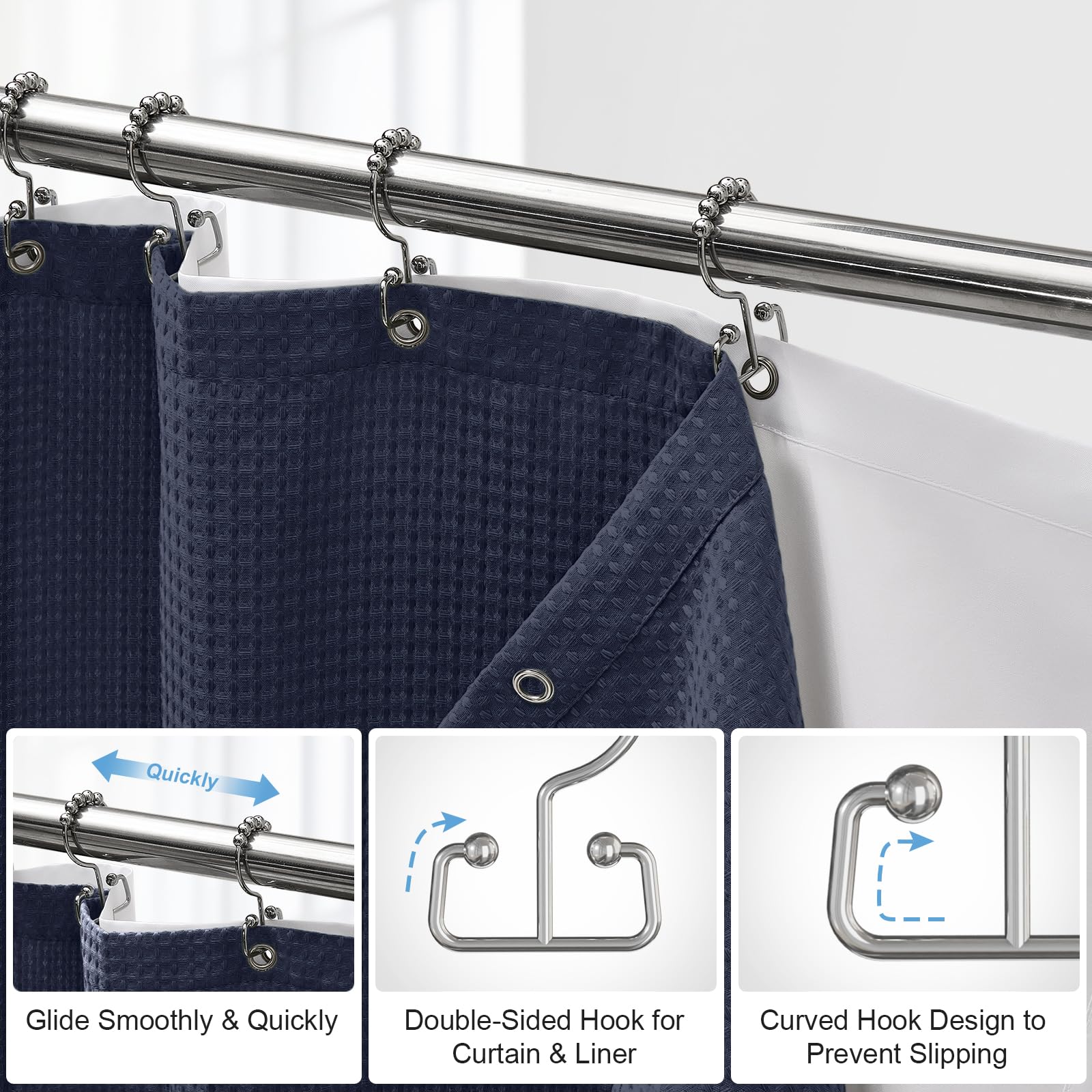 Ensemble de rideau de douche 3 en 1 à texture gaufrée avec doublure imperméable revêtue de TPU et 12 crochets double face améliorés, tailles bien assorties pour un ajustement parfait – Bleu