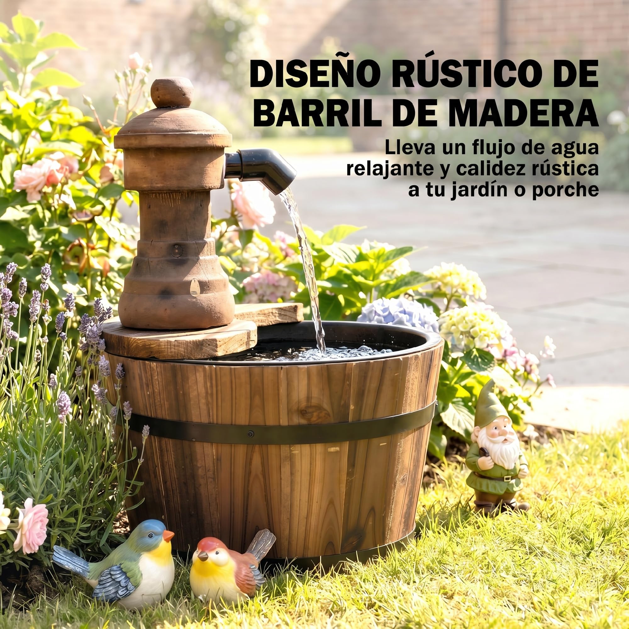 Outsunny Fuente de Agua de Madera Fuente de Jardín en Cascada con Bomba Eléctrica y Salida de Agua Ajustable para Decoración Patio Terraza 27x27x37 cm Natural
