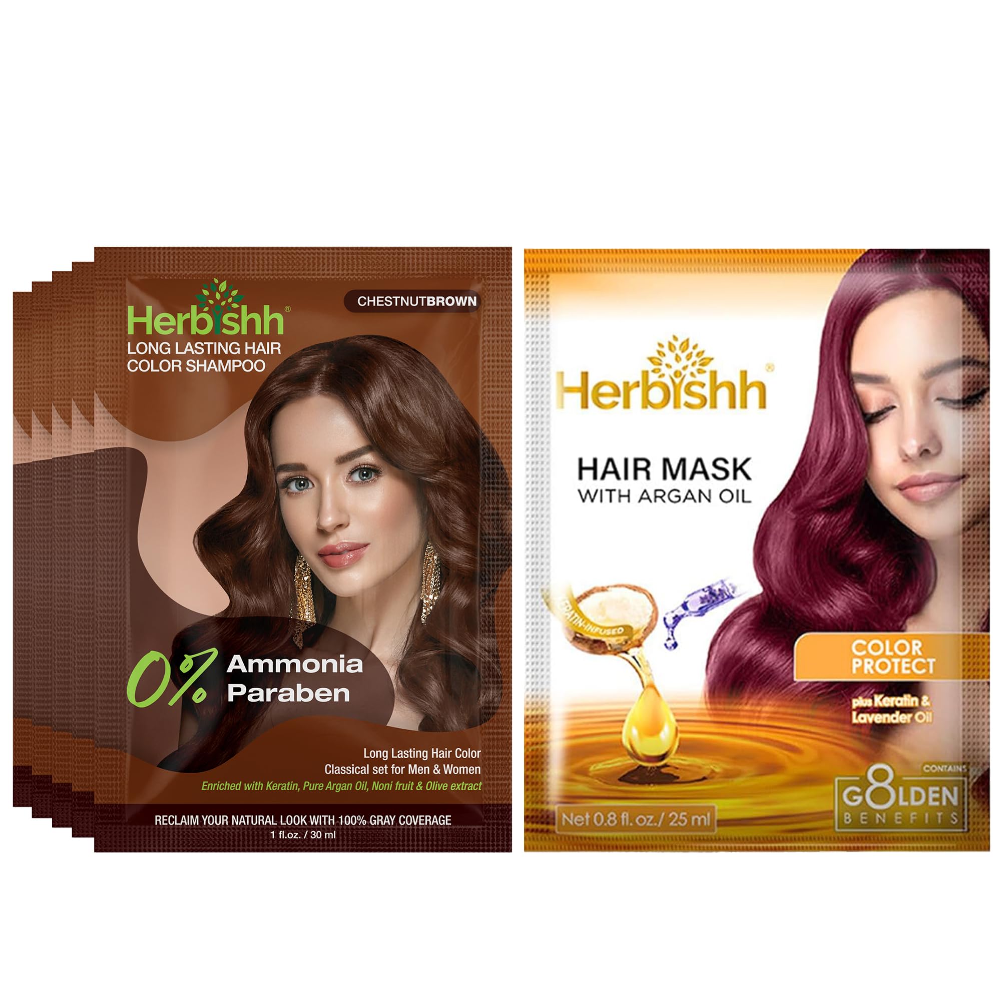 Herbishh Chestnut Brown Color Shampoo for Gray Hair, Hair Dye Shampoo 3 in 1, 100% Grey Coverage for Men & Women, Long-lasting & Travel-friendly, Ammonia-free, 30 ml (Pack of 5)