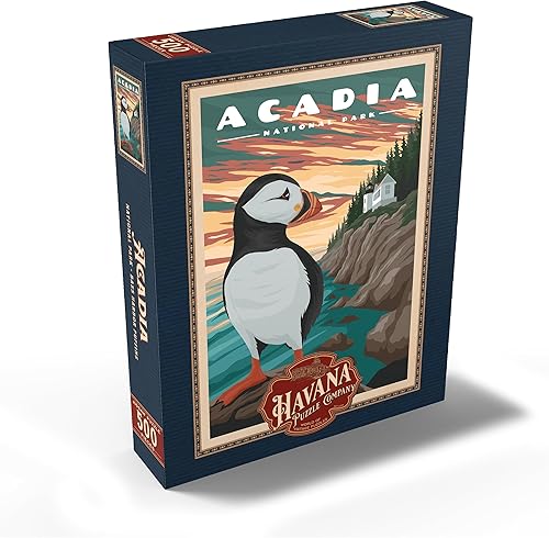 Miniatura 2 de MyPuzzle Acadia National Park Bass Harbor Puffins, póster de viaje vintage, rompecabezas premium de 500 piezas para adultos