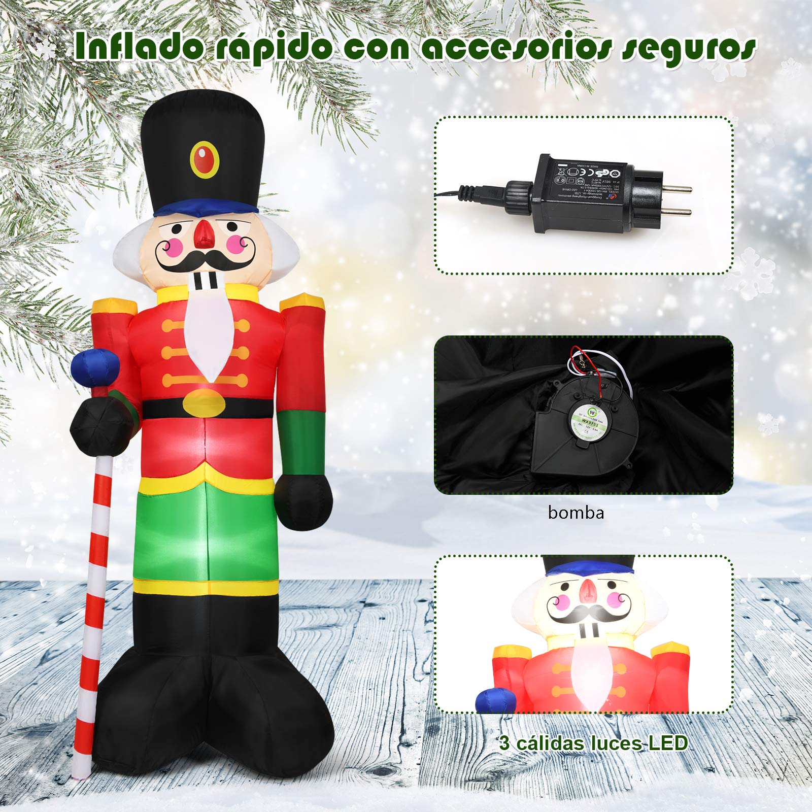 COSTWAY Soldadito Cascanueces Inflable de 240 cm con 3 Luces LED Bomba y Bolsas de Arena Decoración Navideña para Interior Exterior