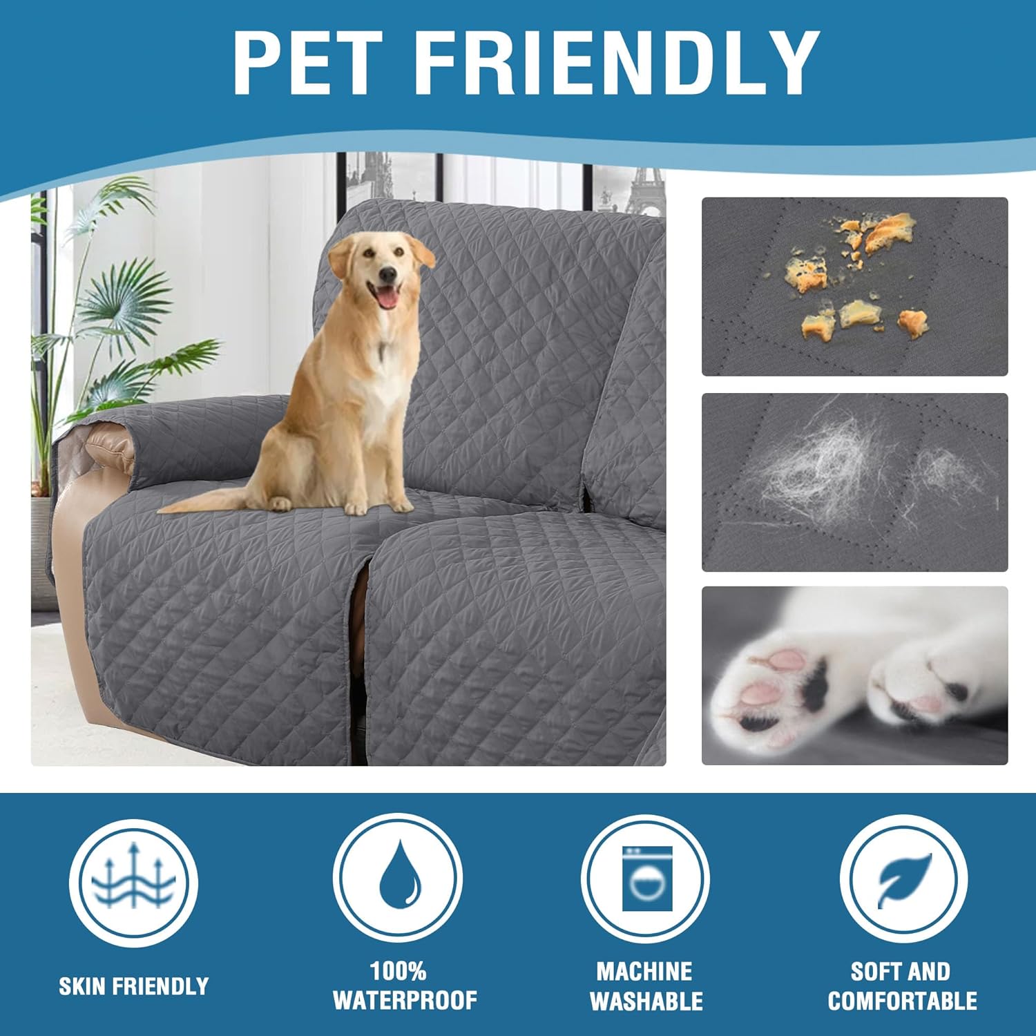 H.VERSAILTEX 100% Waterproof Recliner Cover 1-Piece Recliner Sofa Cover for 3 Cushion Couch Furniture Protector Cover with Non Slip Backing and Strap for Kids, Dogs, Pets(3 Seater, Rocket Gray)