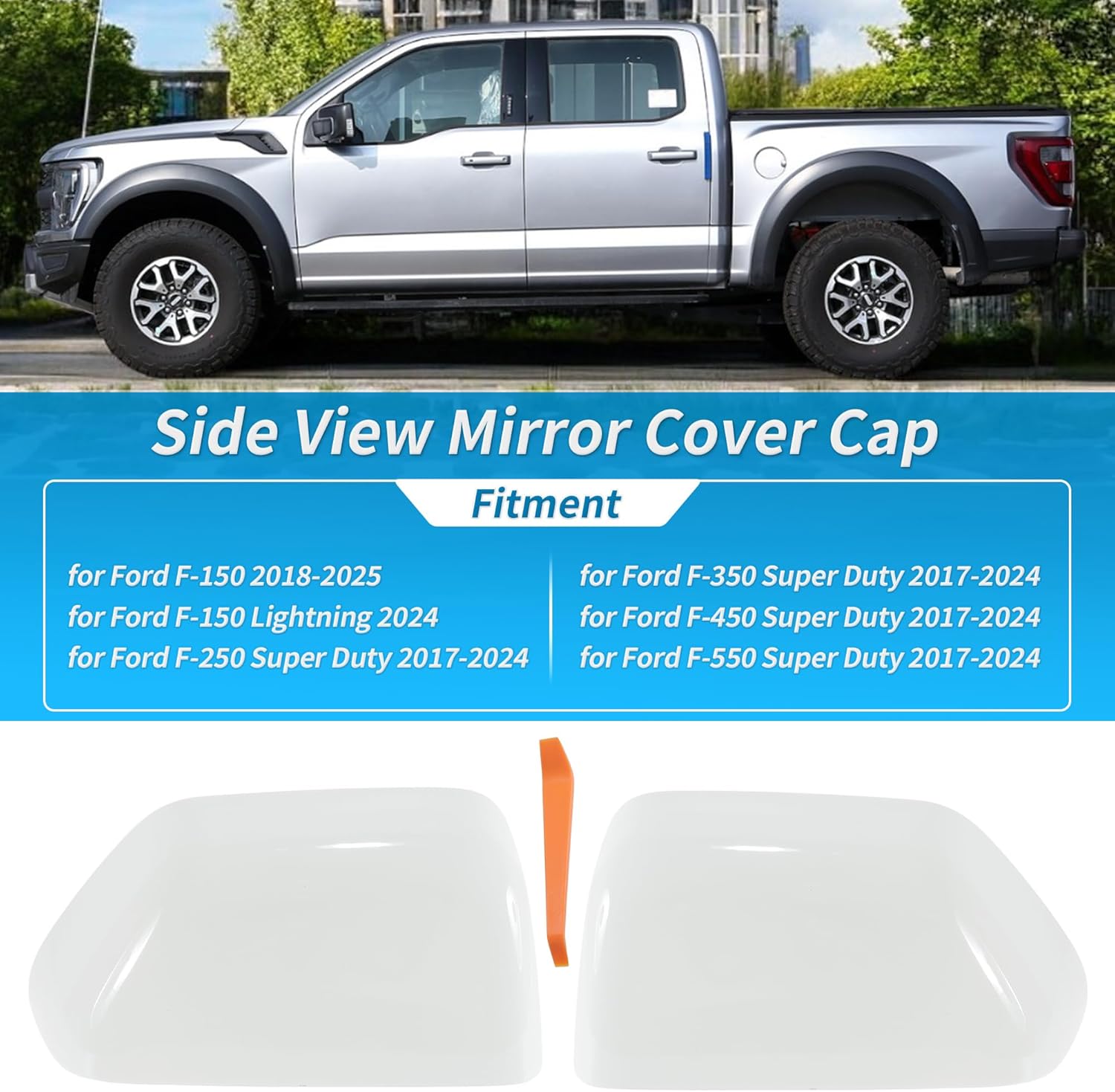 Motoforti 2Pcs White Top Half Mirror Cover Cap for Ford F250 F350 F450 F550 Super Duty 2017-2024 Exterior Door Tow Mirror Cap Cover for Ford F-150 2018-2025 No.HC3Z17D742AA/HC3Z17D743AA