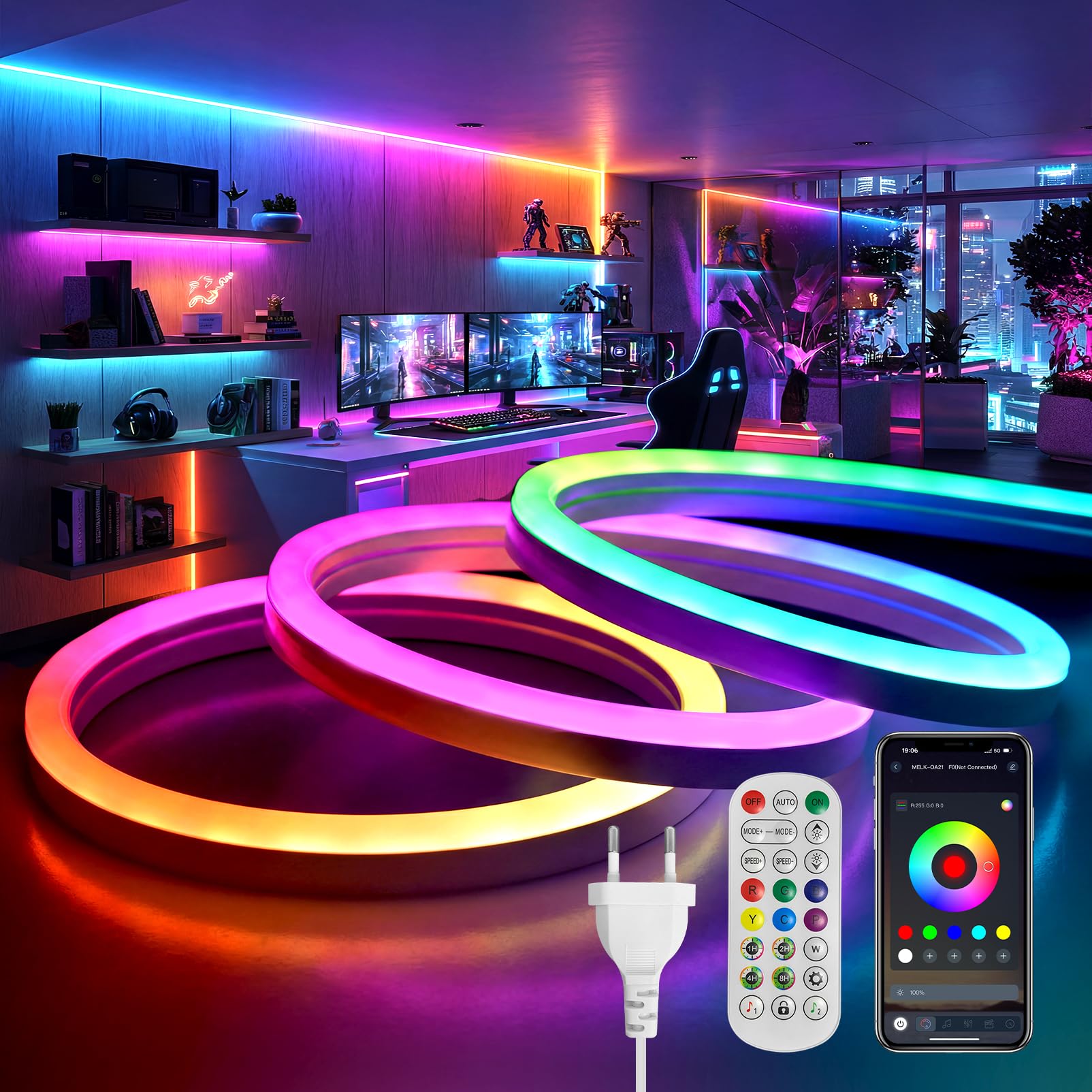 Neon LED Strip 5M RGBIC LED Streifen 230V IP65 Wasserdicht APP und Fernbedienung Musik Sync Gaming Outdoor Flexibel Neon Strip für DIY Zuhause Wohnzimmer Schlafzimmer Party (Mit Netzteil)