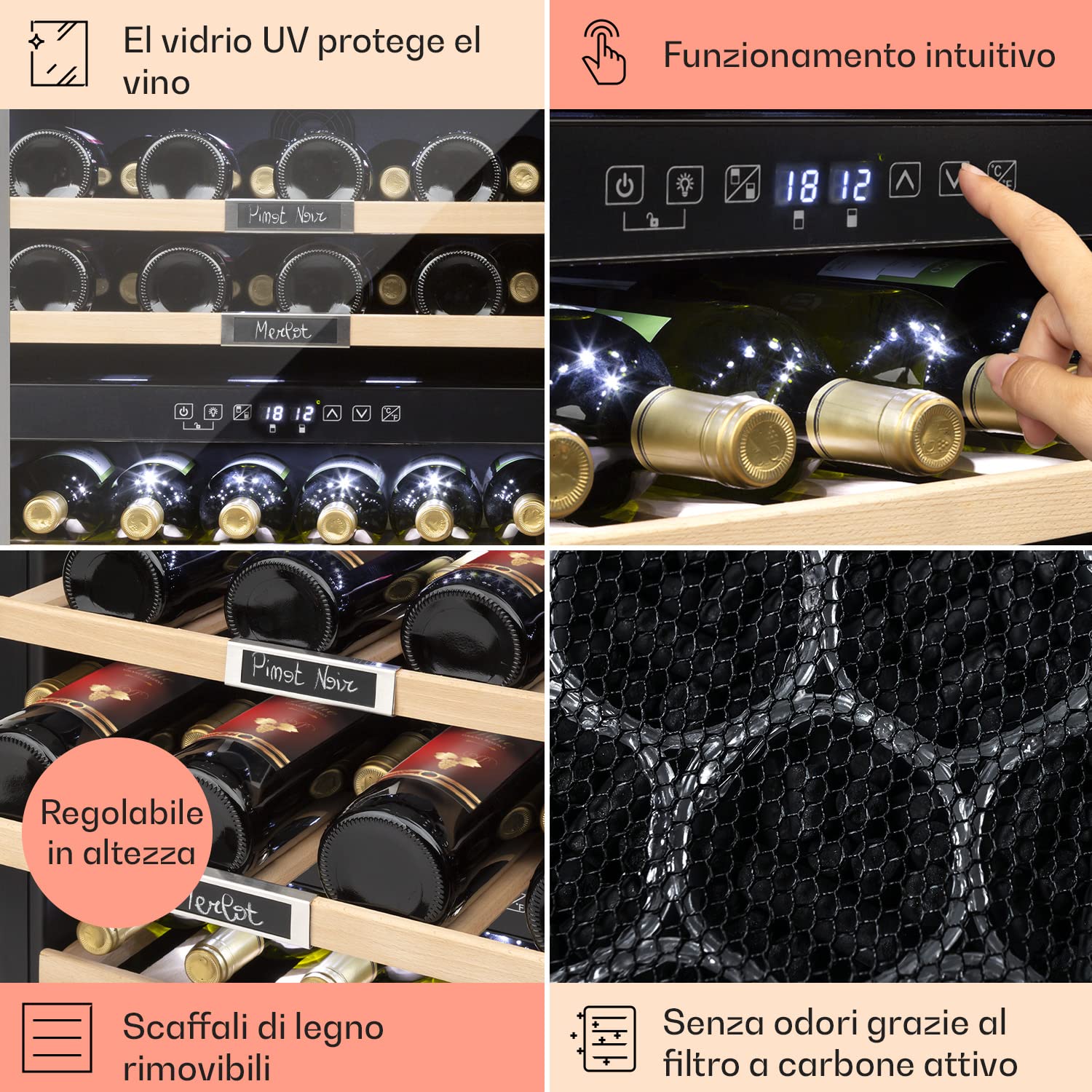 KLARSTEIN Cantinetta Vino Design, Cantinetta Vino Refrigerata a Zona Doppia per Vino Rosso, Bianco e Birra, Controlli Touch, Frigo Vino Cantinetta per Esterno/Interno, 5-22°C, 85L, 36 Bottiglie