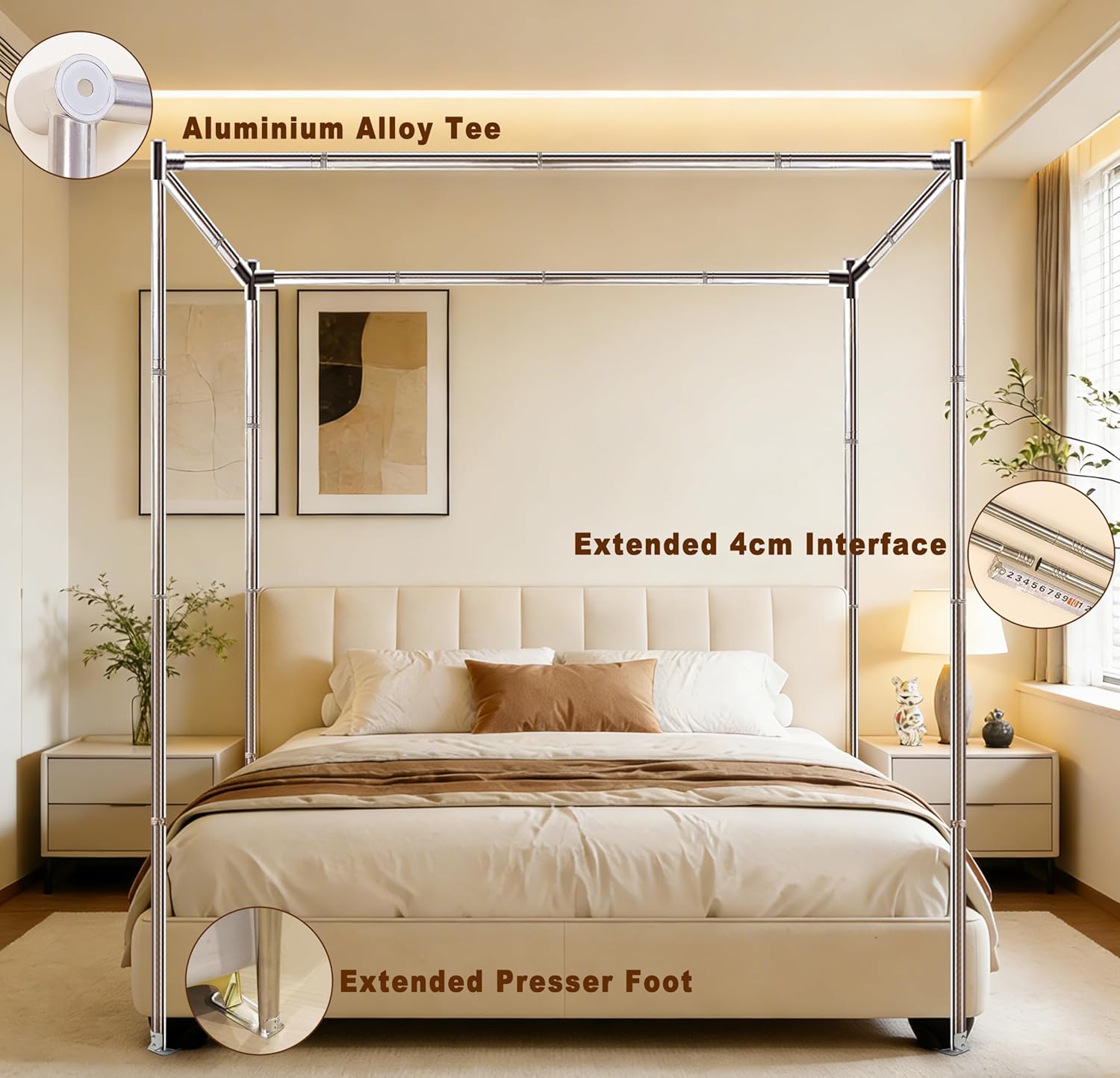 King Size Canopy Bed Frame, Stainless Steel Bed Post Poles with Aluminum Connectors Thicken Canopy for Wood or Metal Beds Bedroom Decor Stainless Steel 78"W x 78"L (Pack of 1)