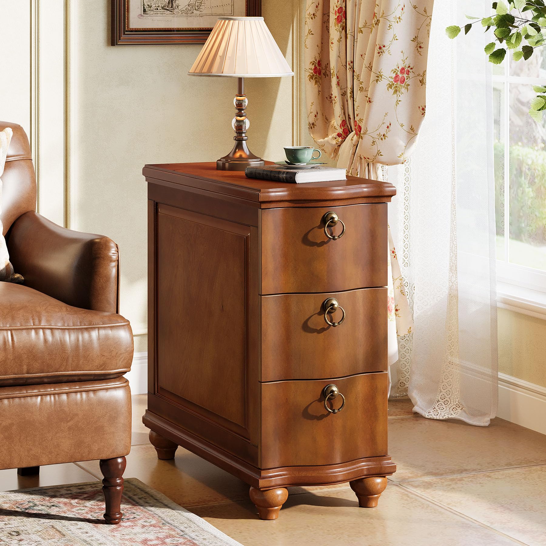 Tribesigns Wood Fully Assembled End Table, 3-Drawers Narrow Slim Side Table, No Assembly Required, Nightstand for Bedside, Small Spaces, Living Room,