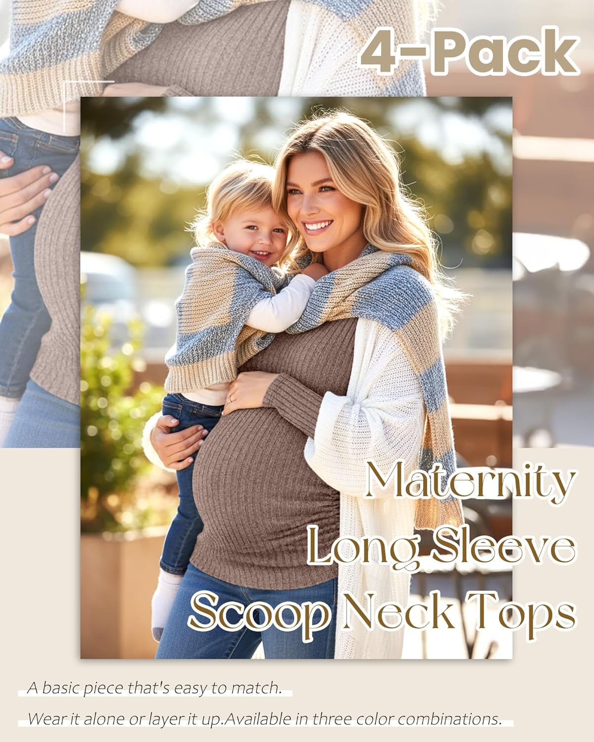 4 Pack Women's Maternity Ribbed Shirts Long Sleeve Square Neck Sweaters Casual Slim Side Ruched Pregnancy Clothes - Image 5