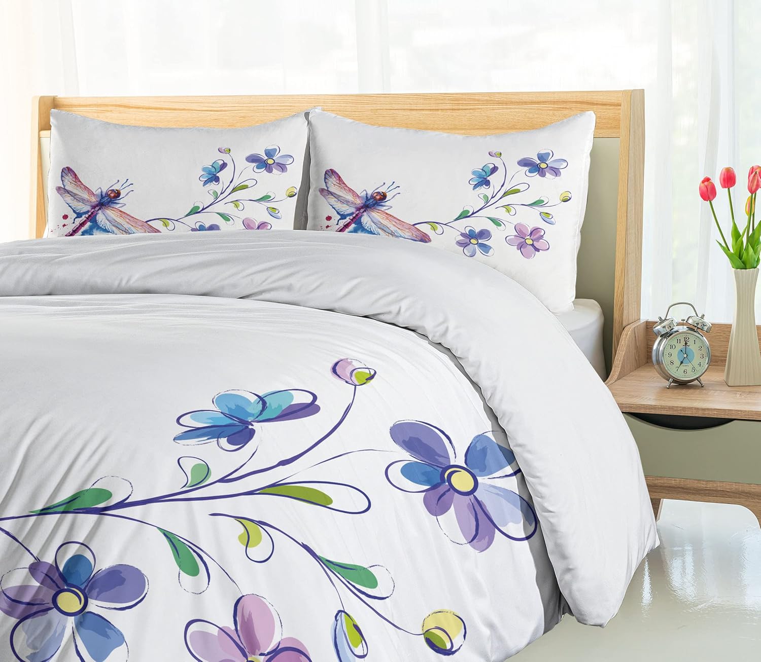 Ambesonne Dragonfly Duvet Cover Set, Watercolor Bug Butterfly Like Moth Branch Ivy Flowers Lilies Art, Decorative 2 Piece Bedding Set with 1 Pillow Sham, Twin Size, Green Purple and Blue Twin Green Purple and Blue