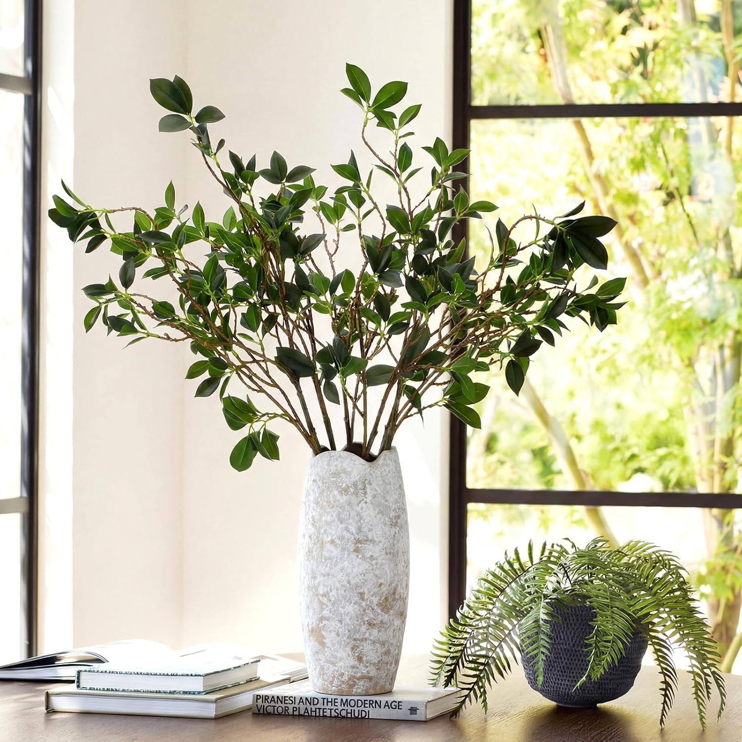 Suncalla 3 Pcs Artificial Greenery Stems 40 Inch Tall Faux Bay Leaf Branches Spring Fake Greenery Plants Plastic Bay Laurel Stems for Vase Filler, Wedding Table Centerpieces, Neutral Modern Home Decor