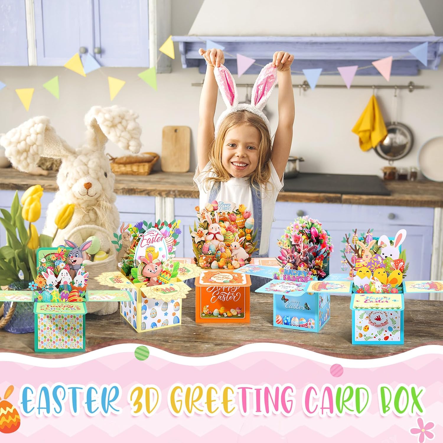 Spakon 5 Pcs Easter Pop up Cards 3D Happy Easter Eggs Bunny Basket Chicks Flower Greeting Card with Blank Note Card and Envelope Spring Festive Gift for Kids Children Family Friends