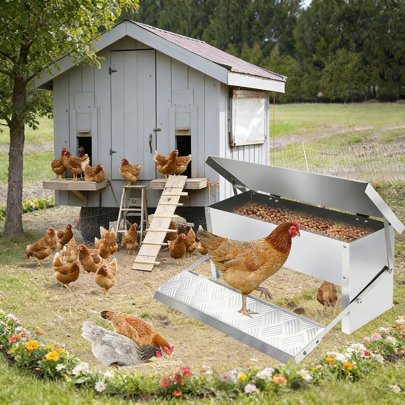 Comedero AutomáTico para Pollos, Comedero De Acero Inoxidable para Uso Intensivo, Resistente Al Agua Y A Prueba De Ratas Comedero para Aves De Corral, para Gallinas Aves Corral,Plata