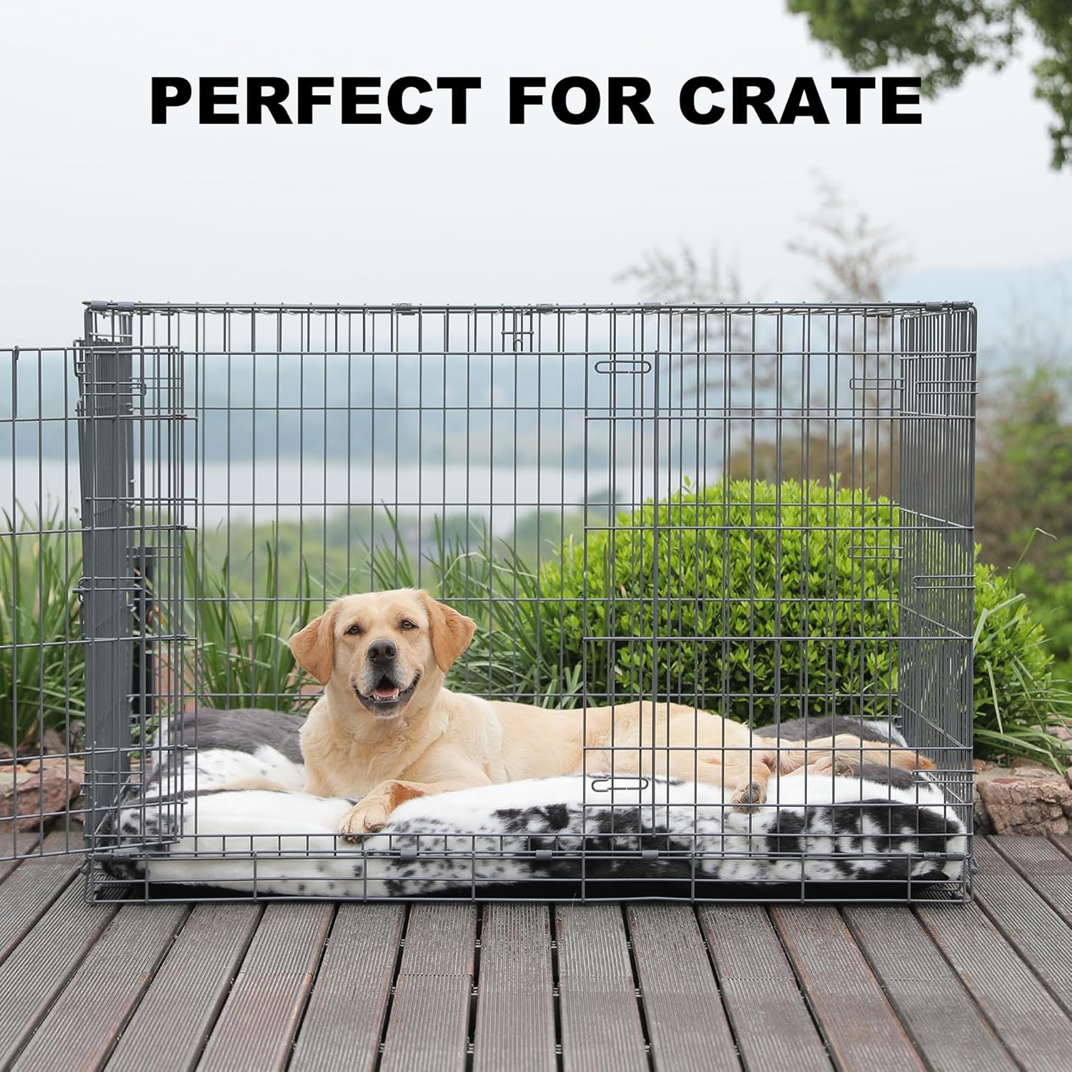 Bedfolks Waterproof Kennel Pad,Plush Dog Crate Bed with Removable, Washable Faux Fur Cover for Extra Large Dogs, Fluffy - 41x27, Black-White Cowhide