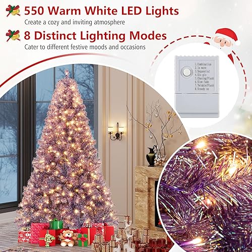 Miniatura 160 de Goplus - Árbol de Navidad artificial preiluminado de 9 pies, pino nevado articulado de PVC de alta calidad con base metálica y luces LED, decoración