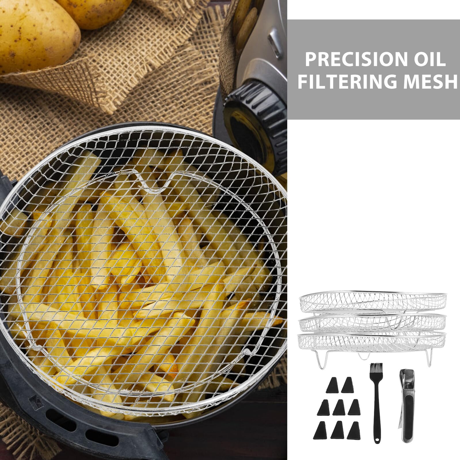 LIFKOME 13 piezas Rejillas Apilables para Freidora de Aire Bandejas Redondas de Acero Inoxidable con Patas y Cepillo Accesorios Duraderos para Hornear Asar y Deshidratar Cocina