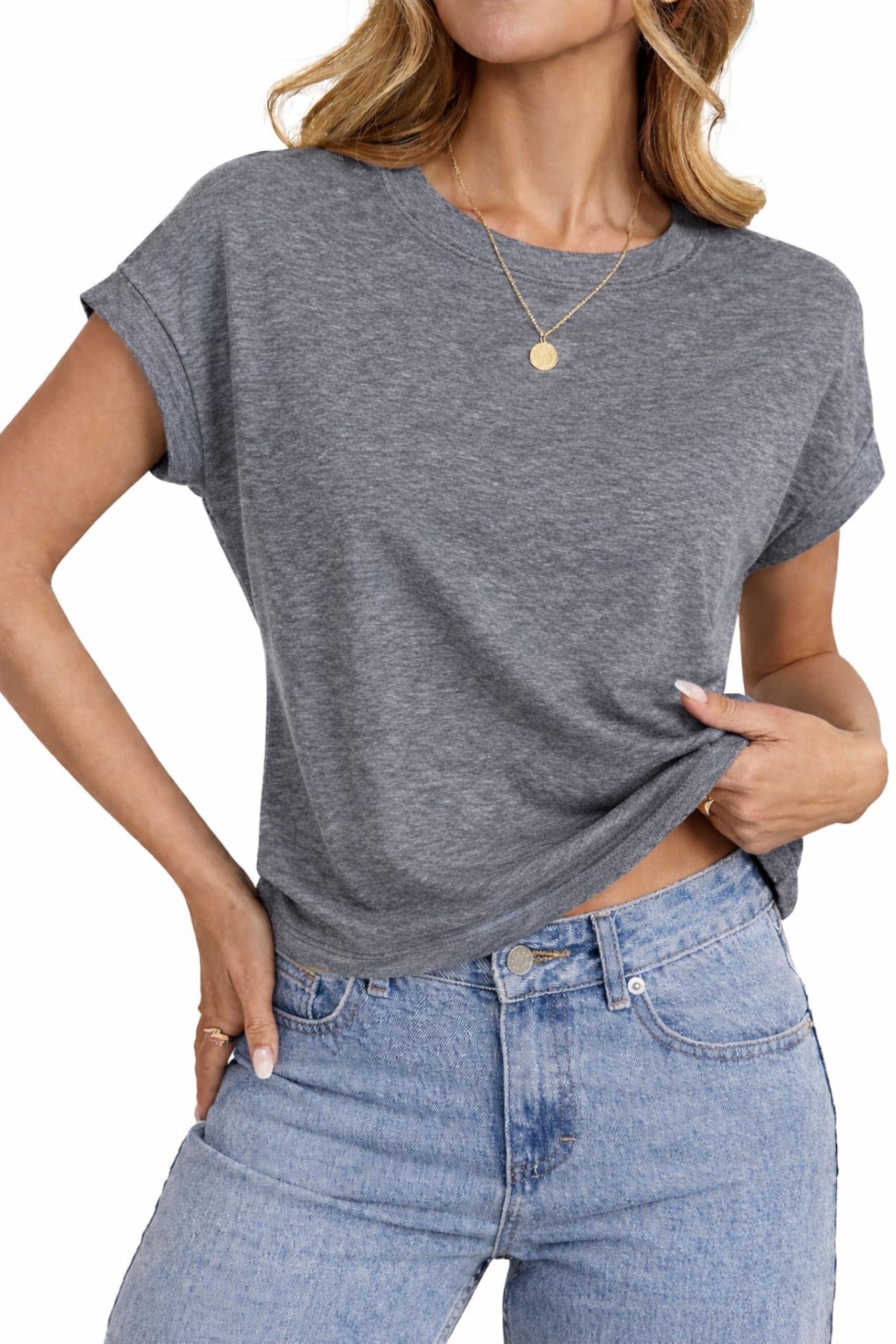 Ryhula Damen Sommer T Shirt Kurzarm Rundhals Basic Oberteil Locker Weiches Top für Freizeit Hellgrau XL 46-48
